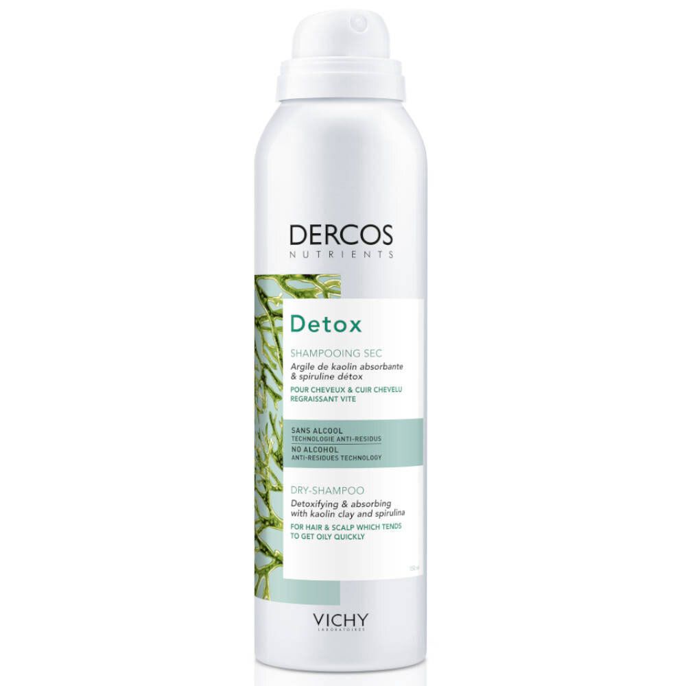 Flacon de shampooing sec Dercos Detox. Étiquette verte et blanche avec informations produit. Logo Vichy en bas.