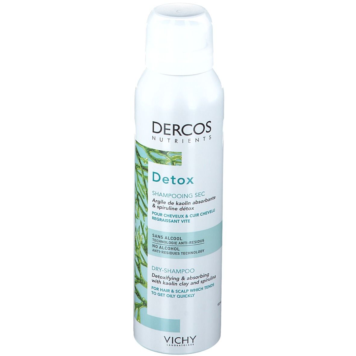 Flacon de shampooing sec Dercos Detox. Étiquette verte et blanche avec informations produit. Logo Vichy en bas.