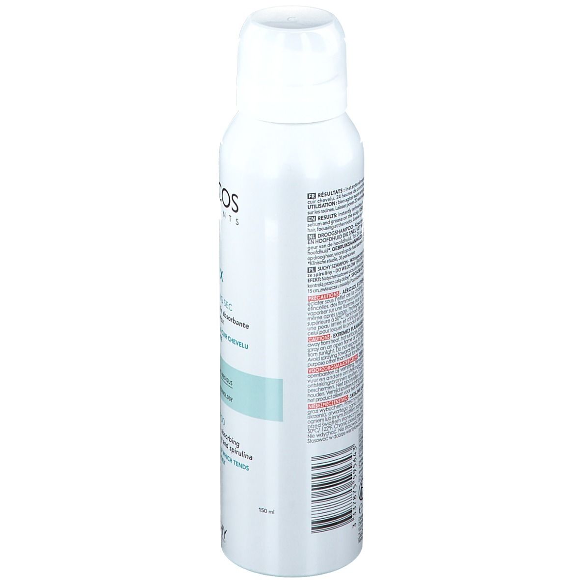 Flacon de shampooing sec Dercos Detox. Dos avec texte. Logo Vichy en bas.