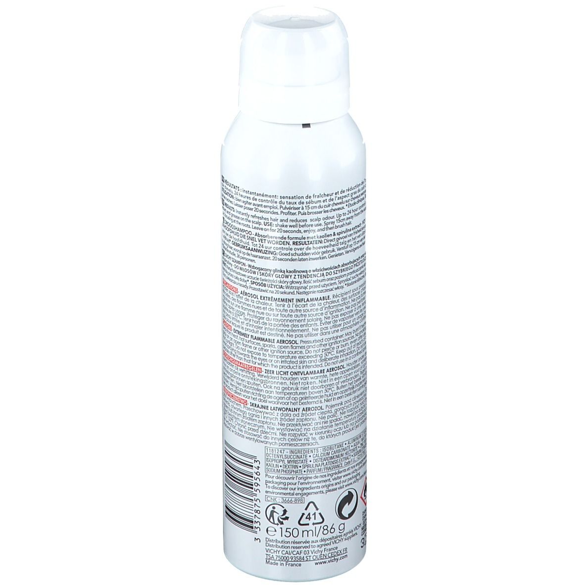 Flacon de shampooing sec Dercos Detox. Dos avec texte. Logo Vichy en bas.