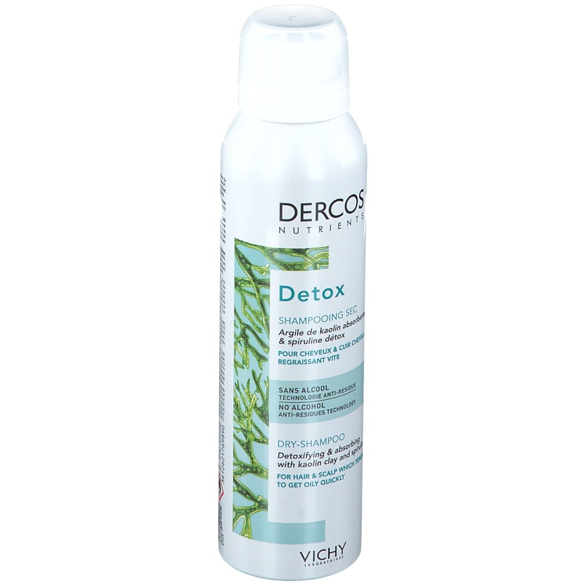 Flacon de shampooing sec Dercos Detox. Étiquette verte et blanche avec informations produit. Logo Vichy en bas.
