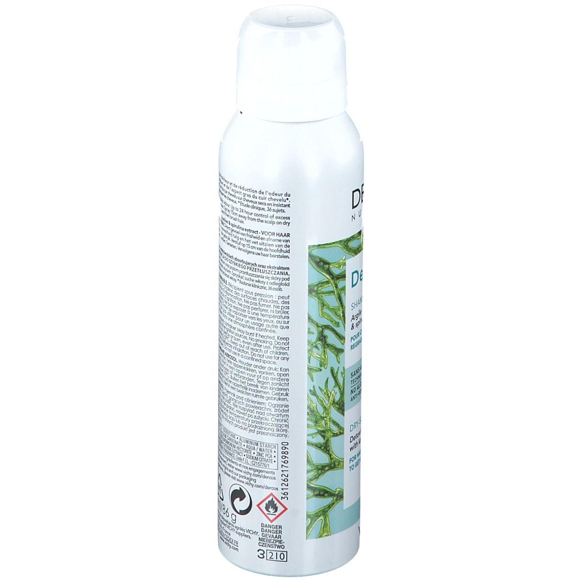Flacon de shampooing sec Dercos Detox. Dos avec texte. Logo Vichy en bas.