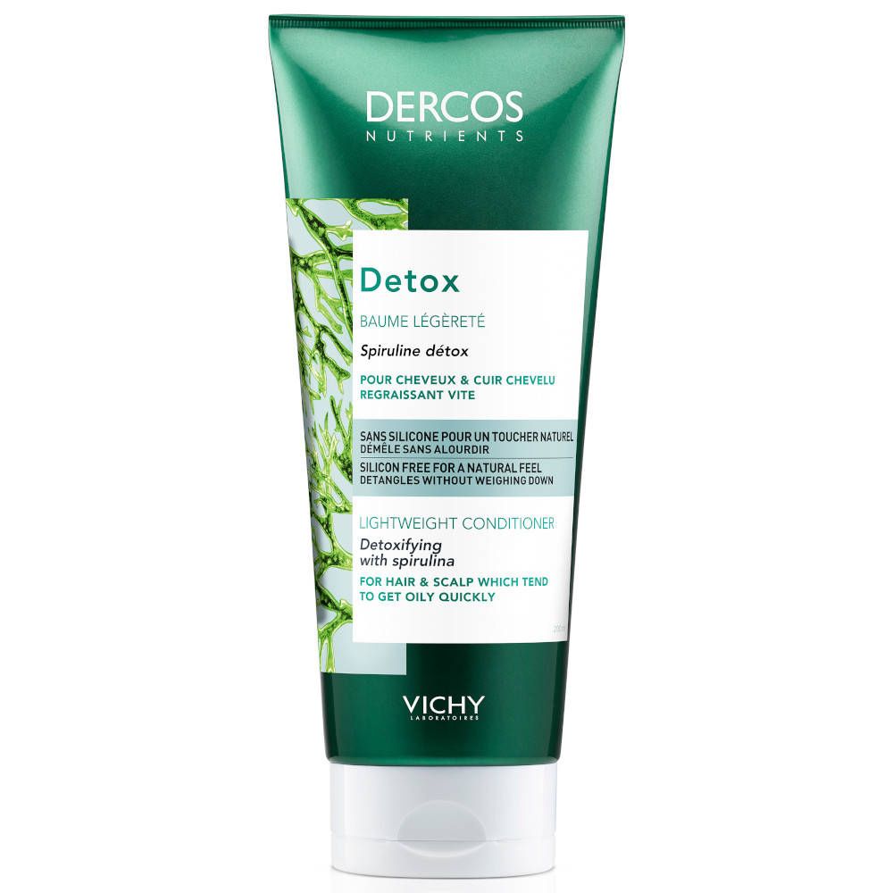 Tube vert avec bouchon blanc. Texte: Dercos Nutrients, Detox, Spiruline détox, Lightweight Conditioner. Pour cheveux gras.