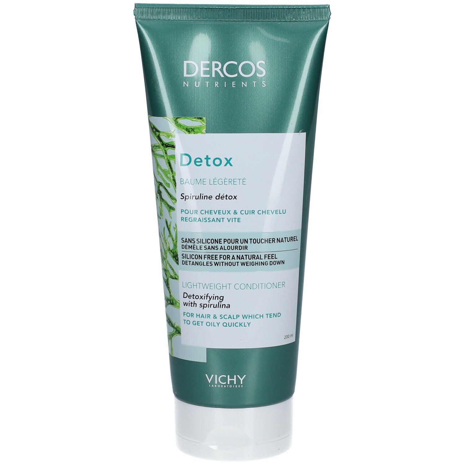 Tube vert avec bouchon blanc. Texte: Dercos Nutrients, Detox, Spiruline détox, Lightweight Conditioner. Pour cheveux gras.