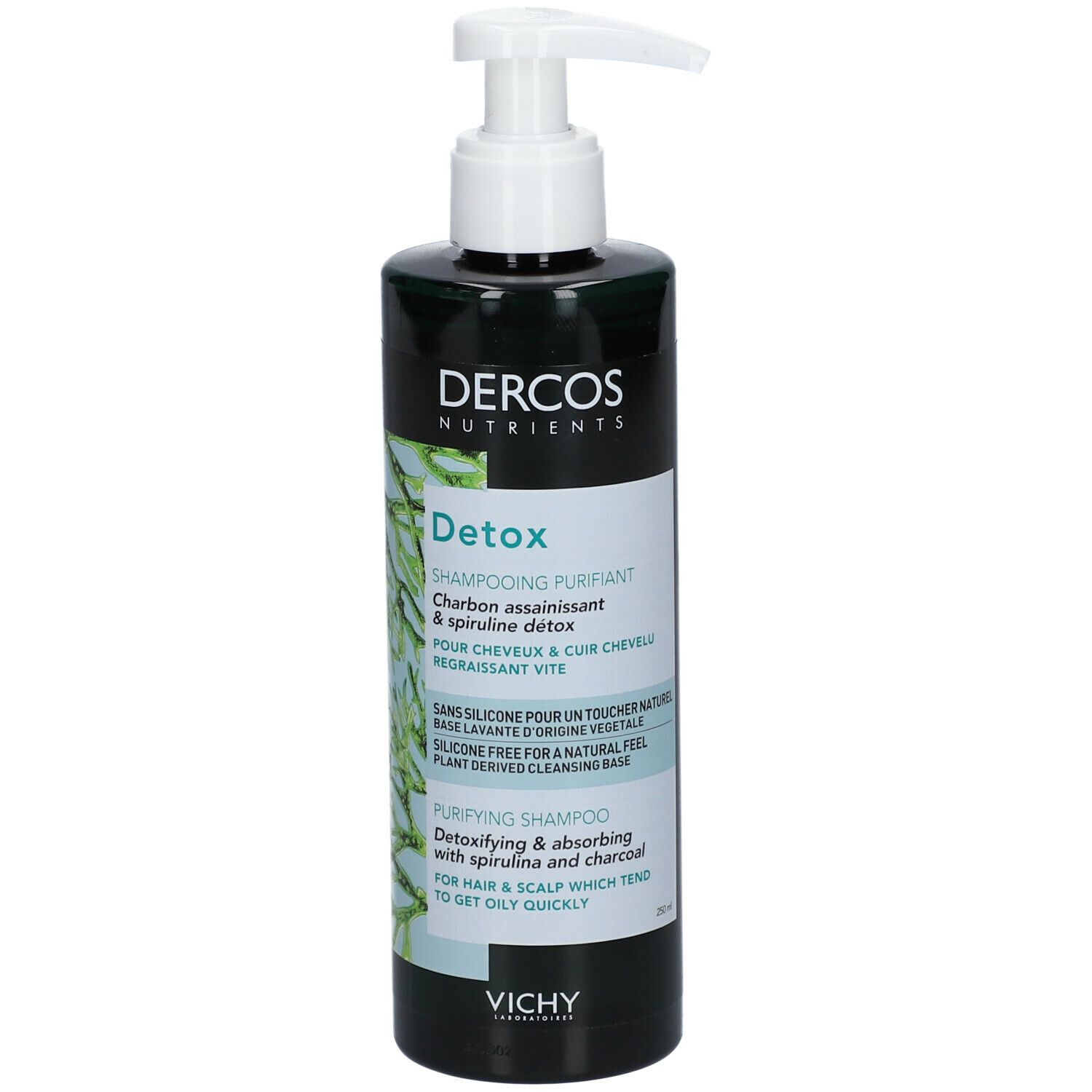 Donkergrijze fles met witte pomp. Opschrift Dercos Detox Shampoo. Bevat actieve kool en spirulina. Voor vet haar.