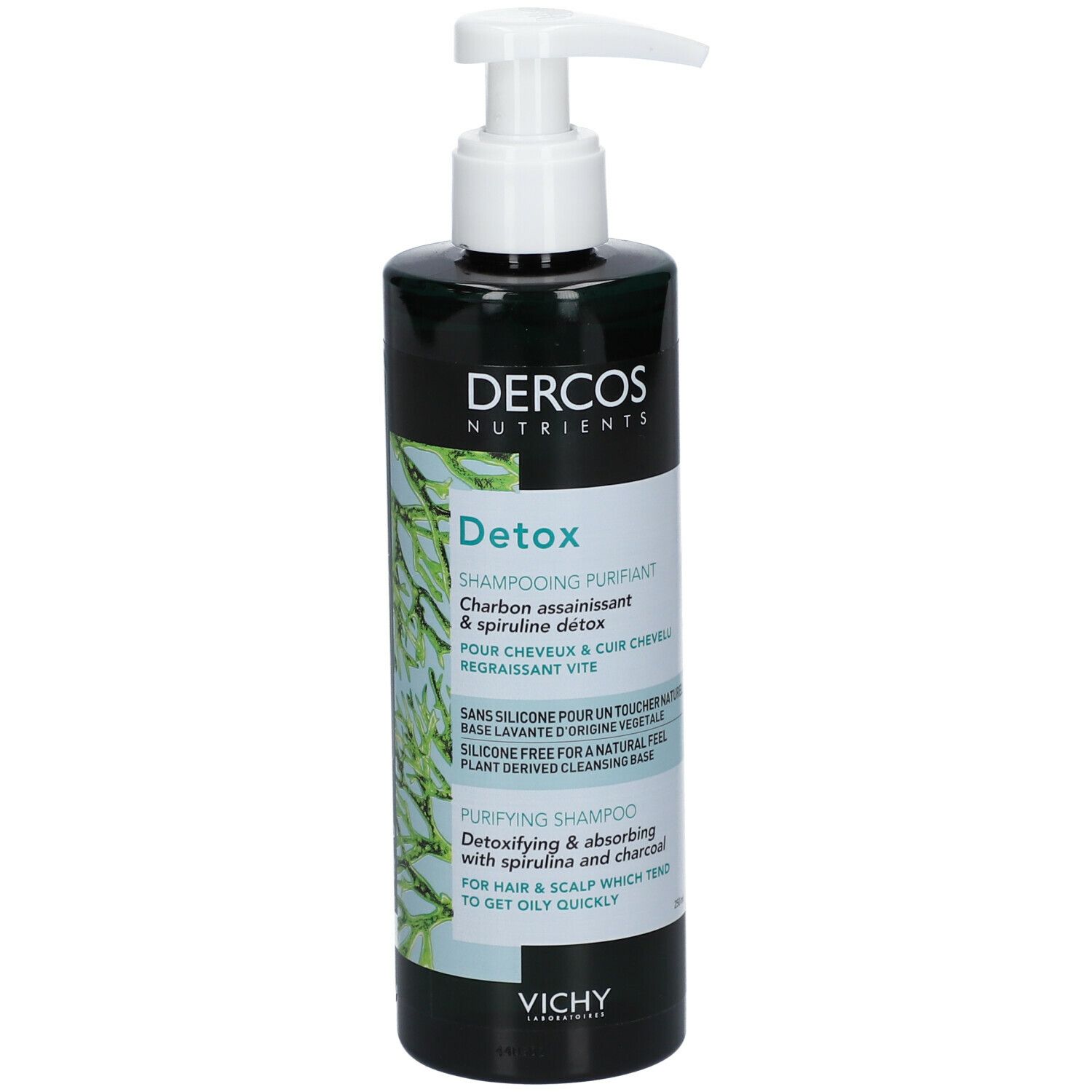Donkergrijze fles met witte pomp. Opschrift Dercos Detox Shampoo. Bevat actieve kool en spirulina. Voor vet haar.
