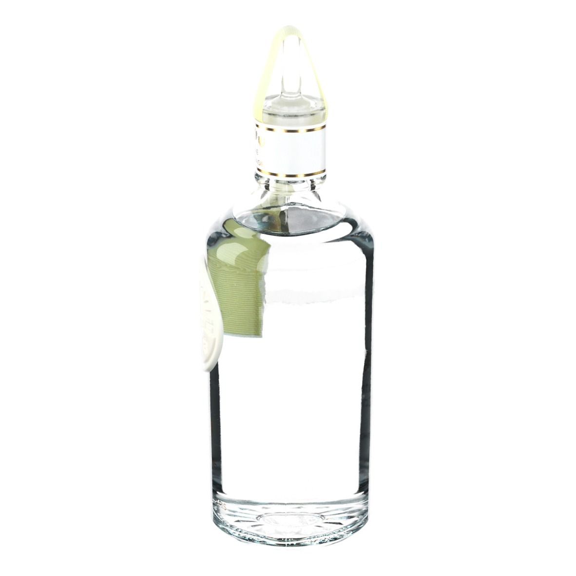 Flacon transparent avec bouchon jaune. Inscription: Roger & Gallet, Extrait de Cologne. Étiquette jaune.