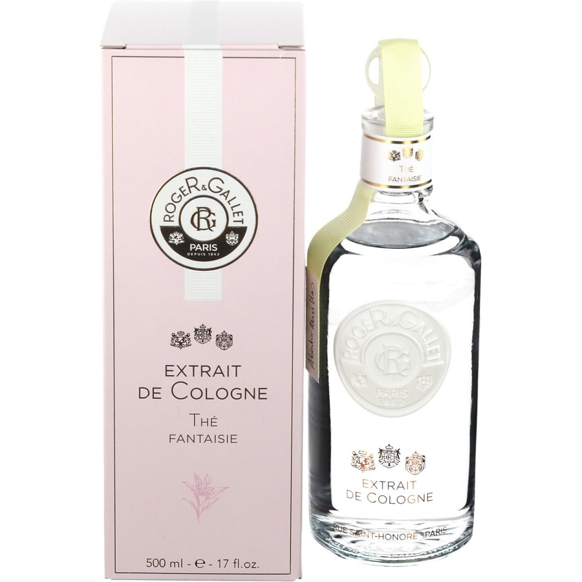 Flacon et emballage. Emballage rose avec inscription: Roger & Gallet, Extrait de Cologne. Flacon à côté.