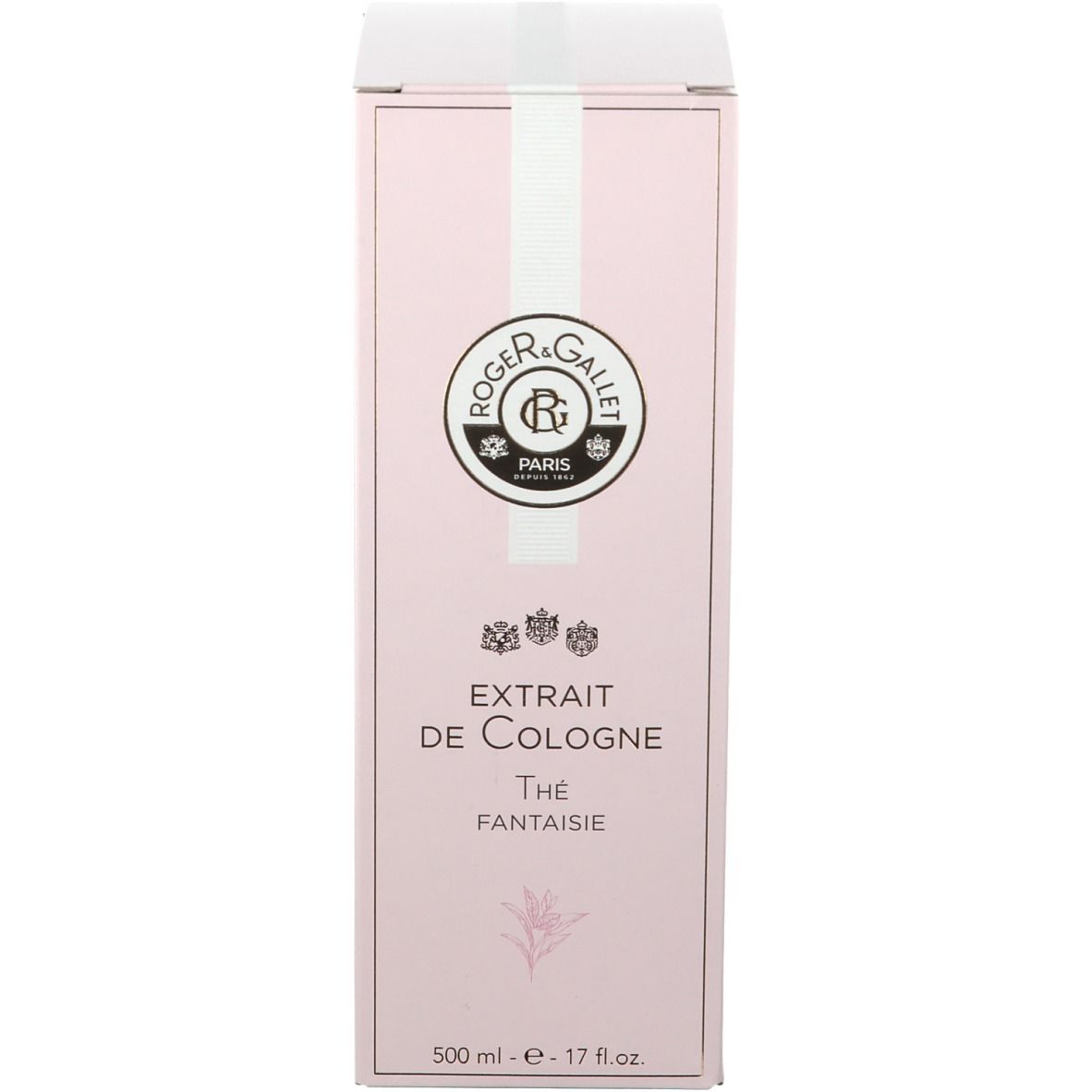Emballage rose avec inscription: Roger & Gallet, Extrait de Cologne. Texte et logo.