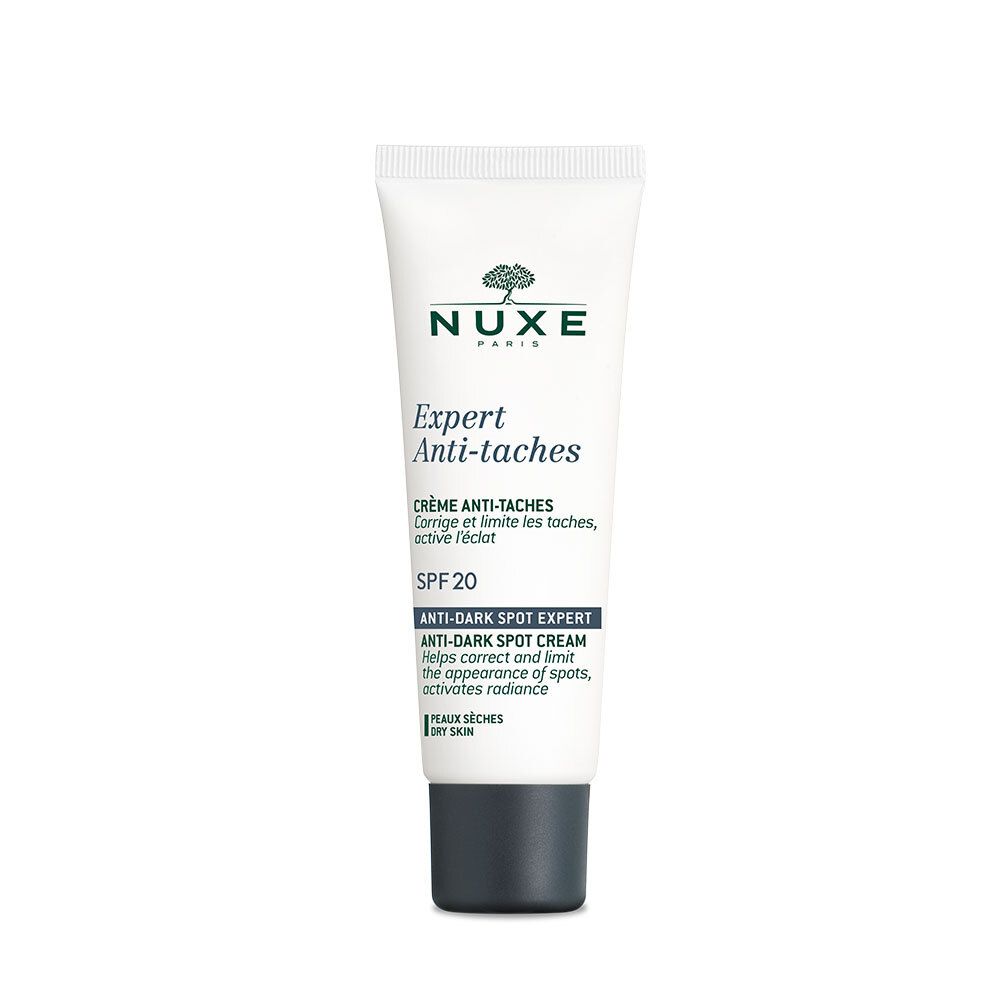 Tube blanc avec bouchon noir. Inscription: Nuxe, Expert Anti-taches, SPF 20. Crème anti-taches.