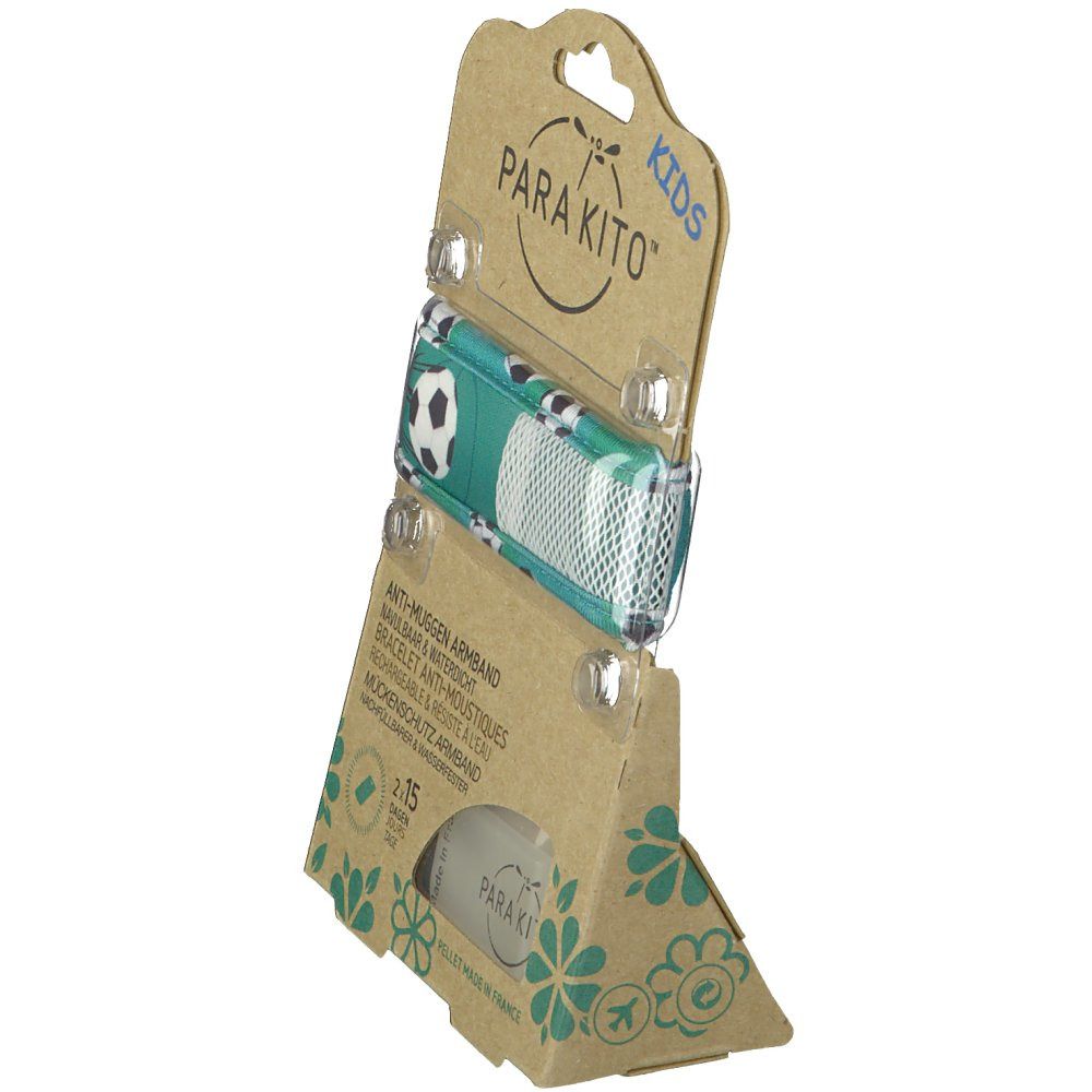 Bracelet Para'Kito KIDS Football dans emballage. Vert avec motifs de ballons de foot. Emballage carton avec infos.