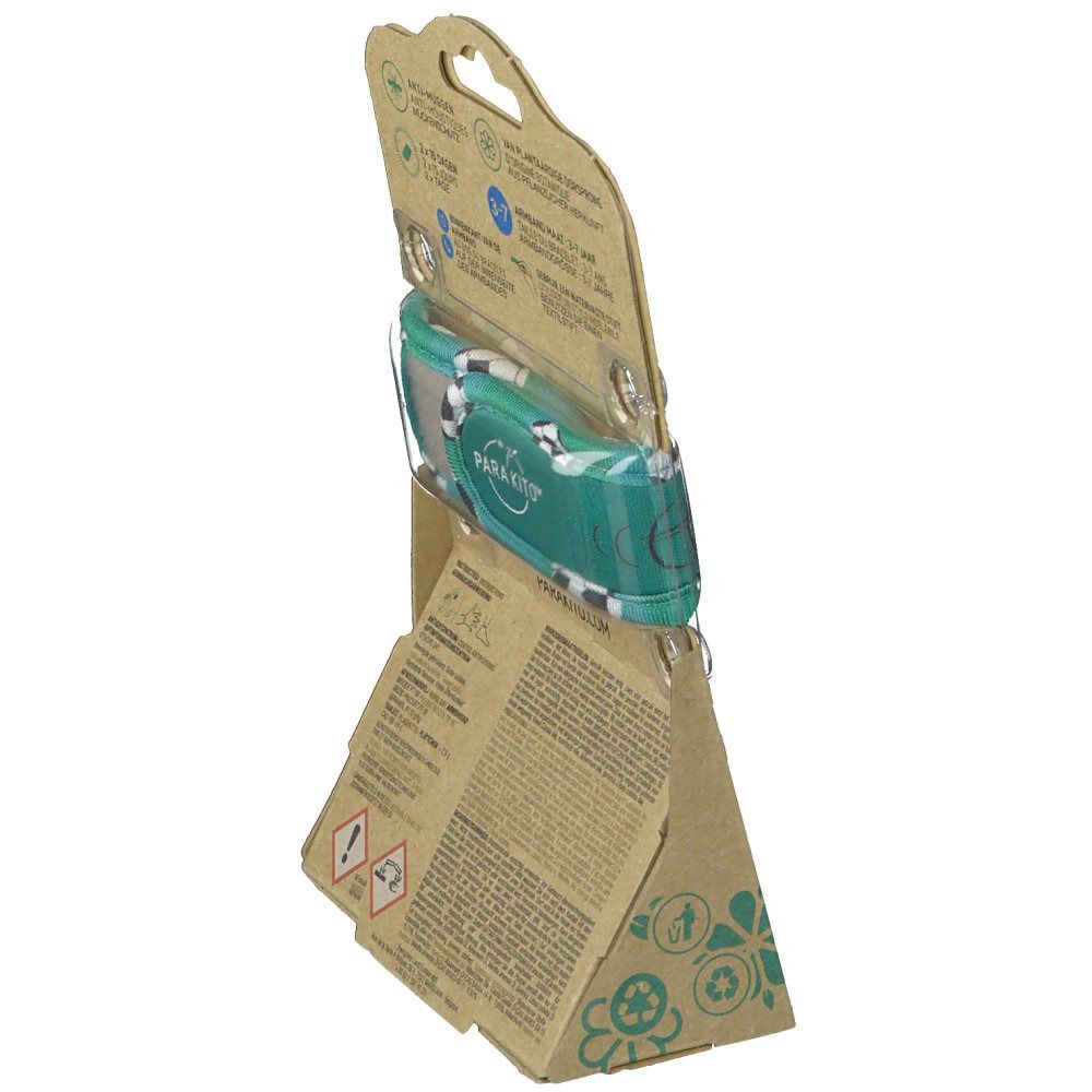 Vue latérale de l'emballage du bracelet Para'Kito KIDS Football. Emballage carton avec informations.