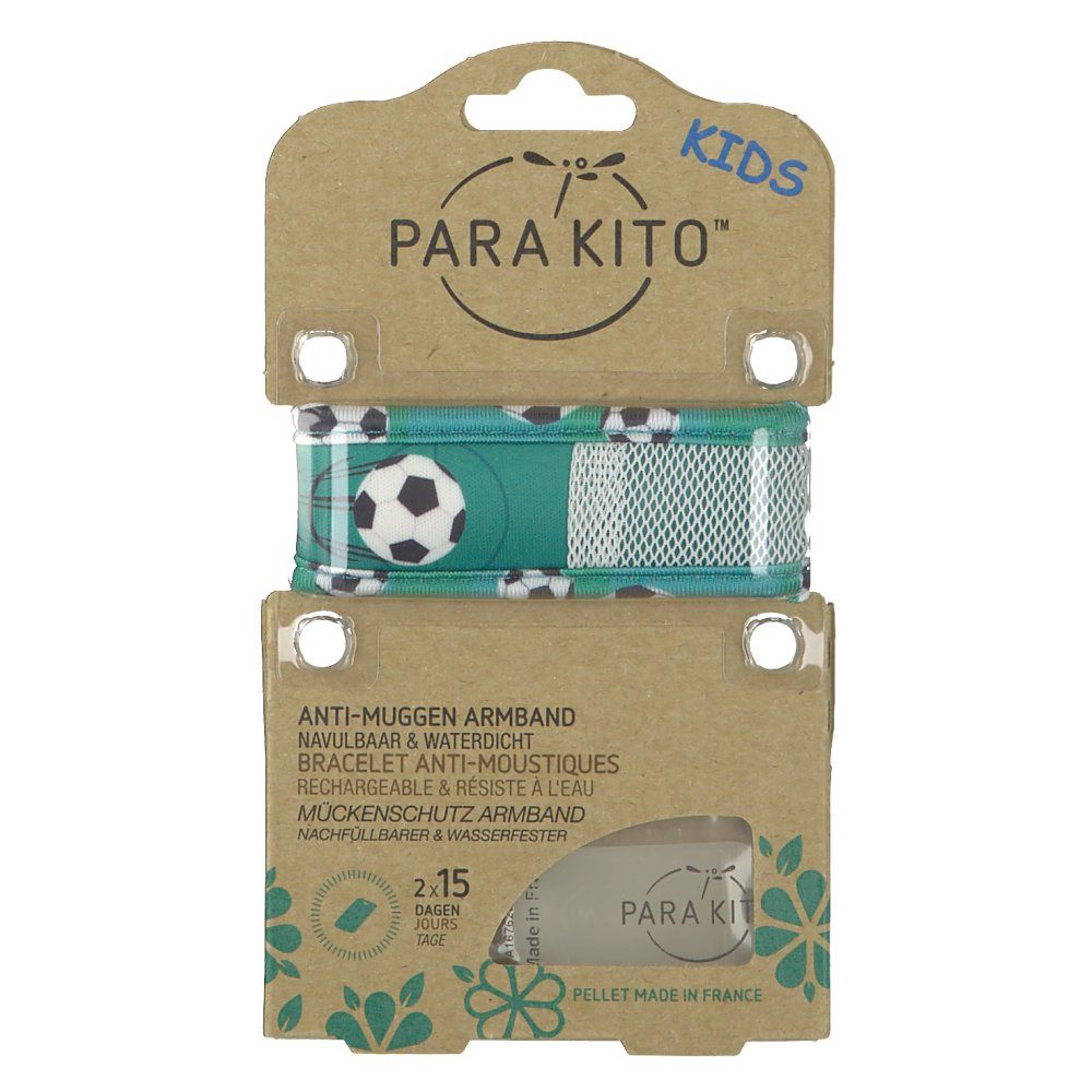 Bracelet Para'Kito KIDS Football dans emballage. Vert avec motifs de ballons de foot. Emballage carton.