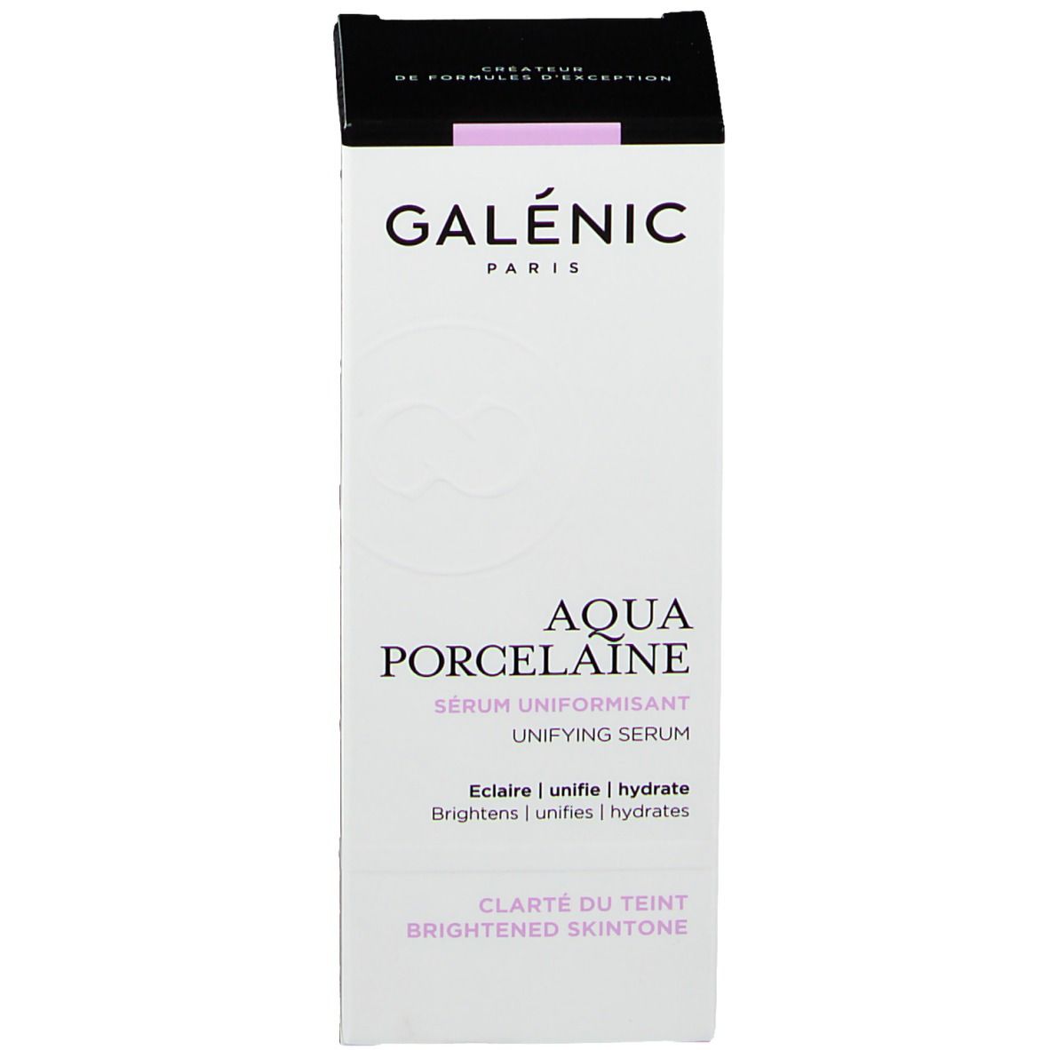Productverpakking. Opschrift: Galénic Paris, Aqua Porcelaine, Sérum Uniformisant, Unifying Serum.