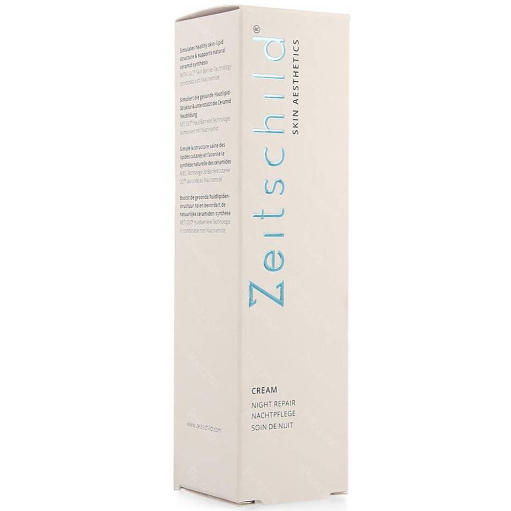 Emballage de la crème de nuit Zeitschild® Skin Aesthetics. Boîte blanche avec informations et logo.