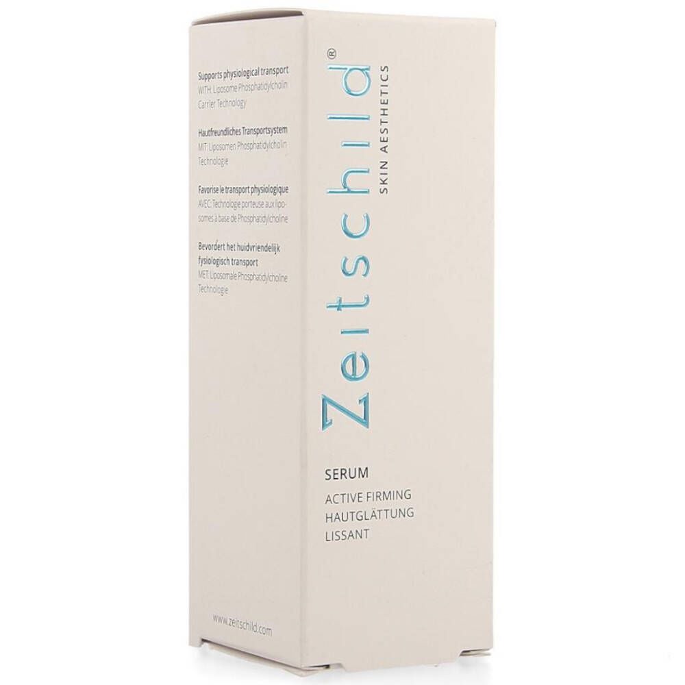 Witte doos met productinformatie. Opschrift: Zeitschild, Serum, Active Firming, Hautglättung, Lissant.