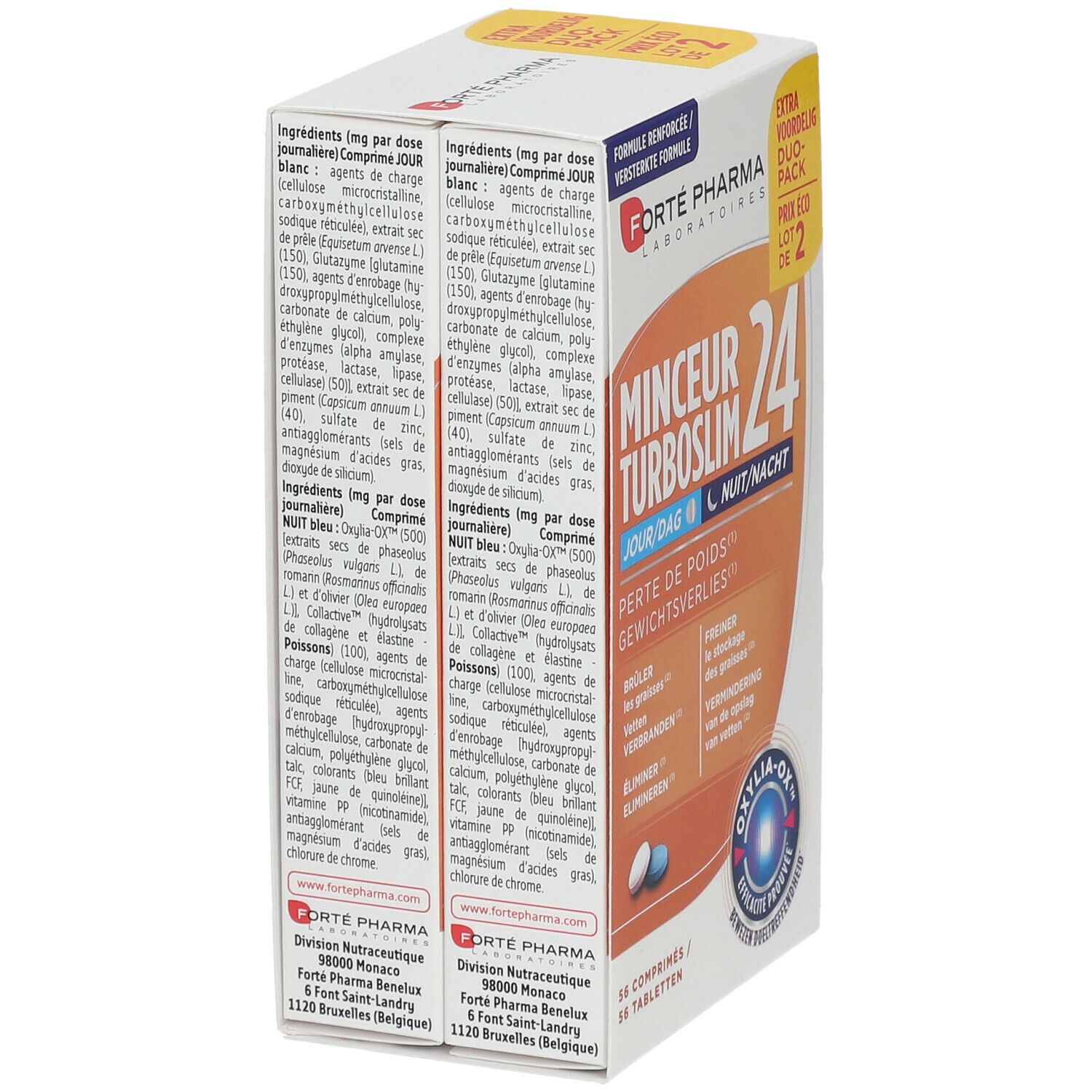 Pack de deux boîtes Forté Pharma TurboSlim 24. Ingrédients et informations sur les boîtes. Comprimés blancs et bleus.