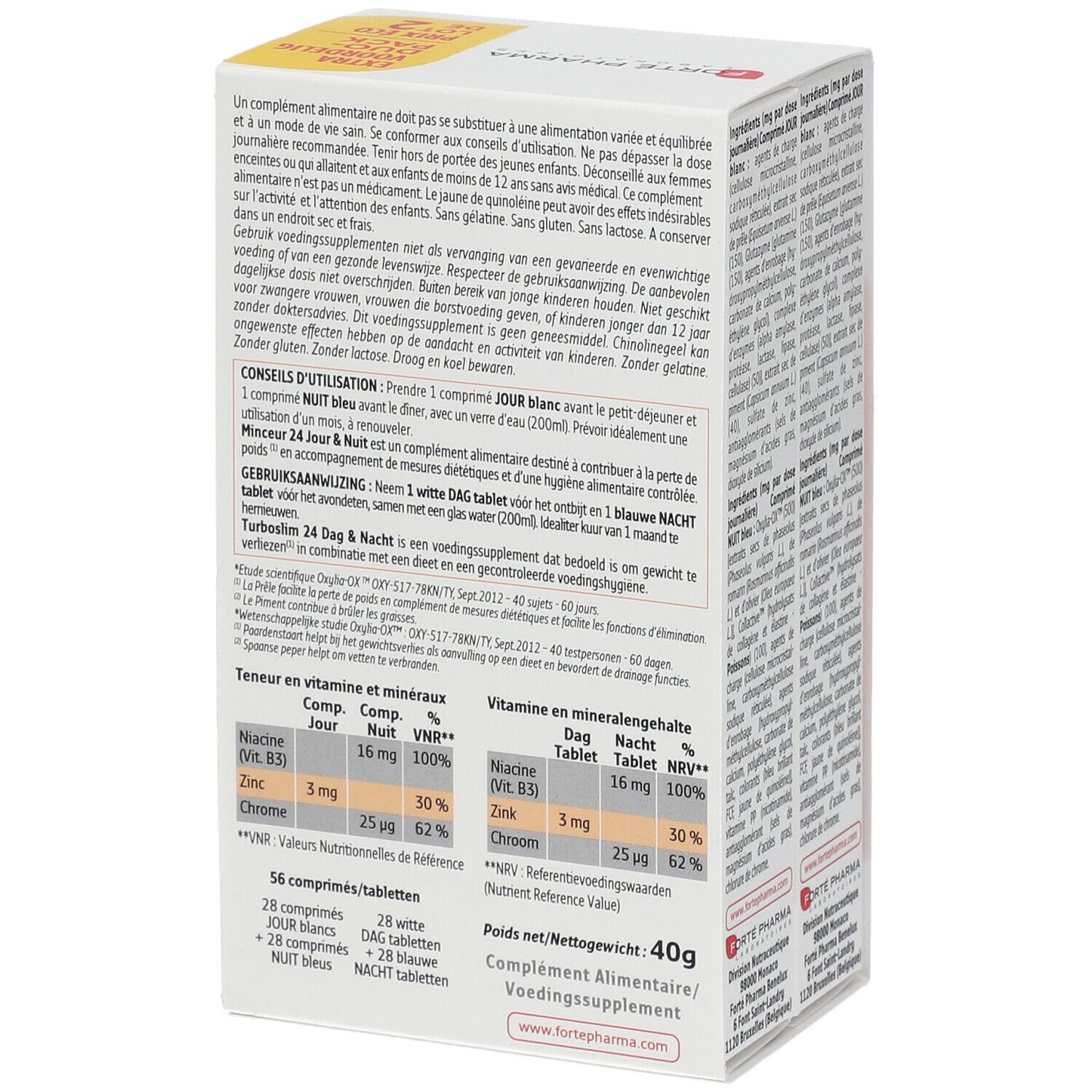 Dos de la boîte Forté Pharma TurboSlim 24. Texte sur les ingrédients, l'utilisation et les informations nutritionnelles. 40g.