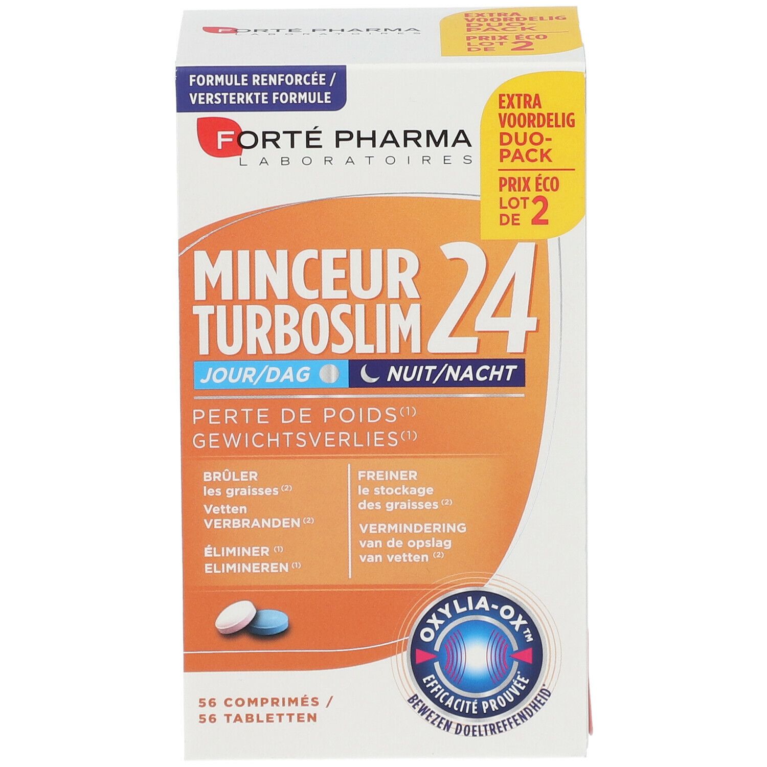 Face avant de la boîte Forté Pharma TurboSlim 24. Nom du produit, logo et comprimés. Duo-pack.