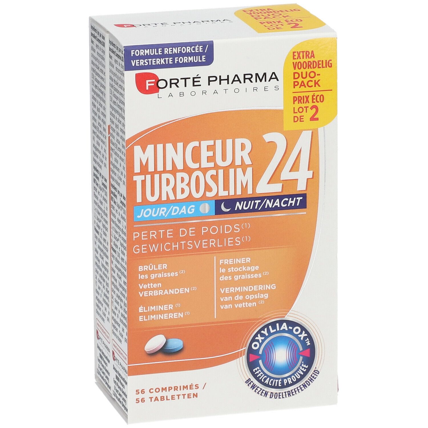 Face avant de la boîte Forté Pharma TurboSlim 24. Nom du produit, logo et comprimés. Duo-pack.