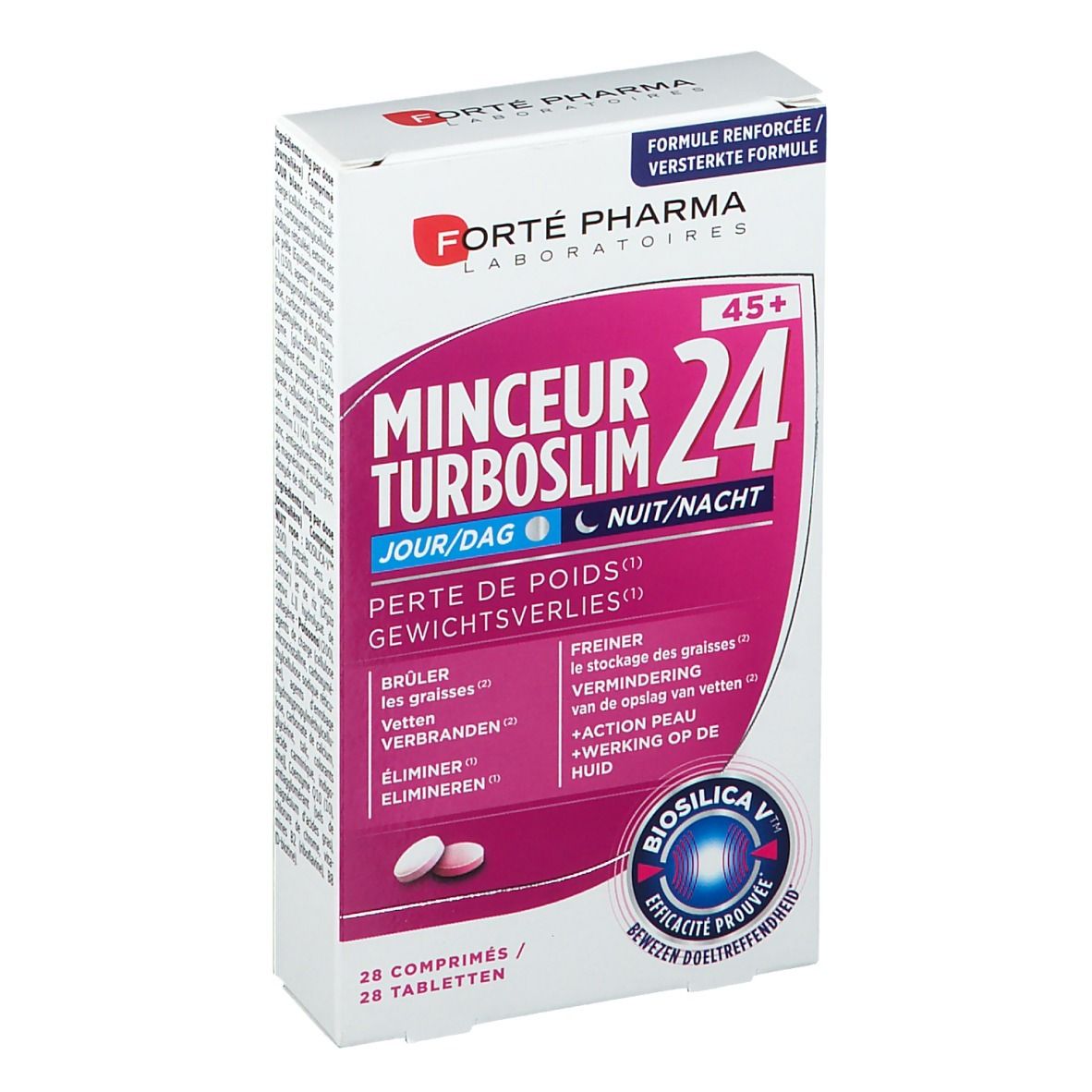 Boîte de Forté Pharma Minceur 24 45+. Comprimés visibles. Inscription: Minceur Turboslim 24 Jour/Dag Nuit/Nacht. Comprimés roses et blancs.