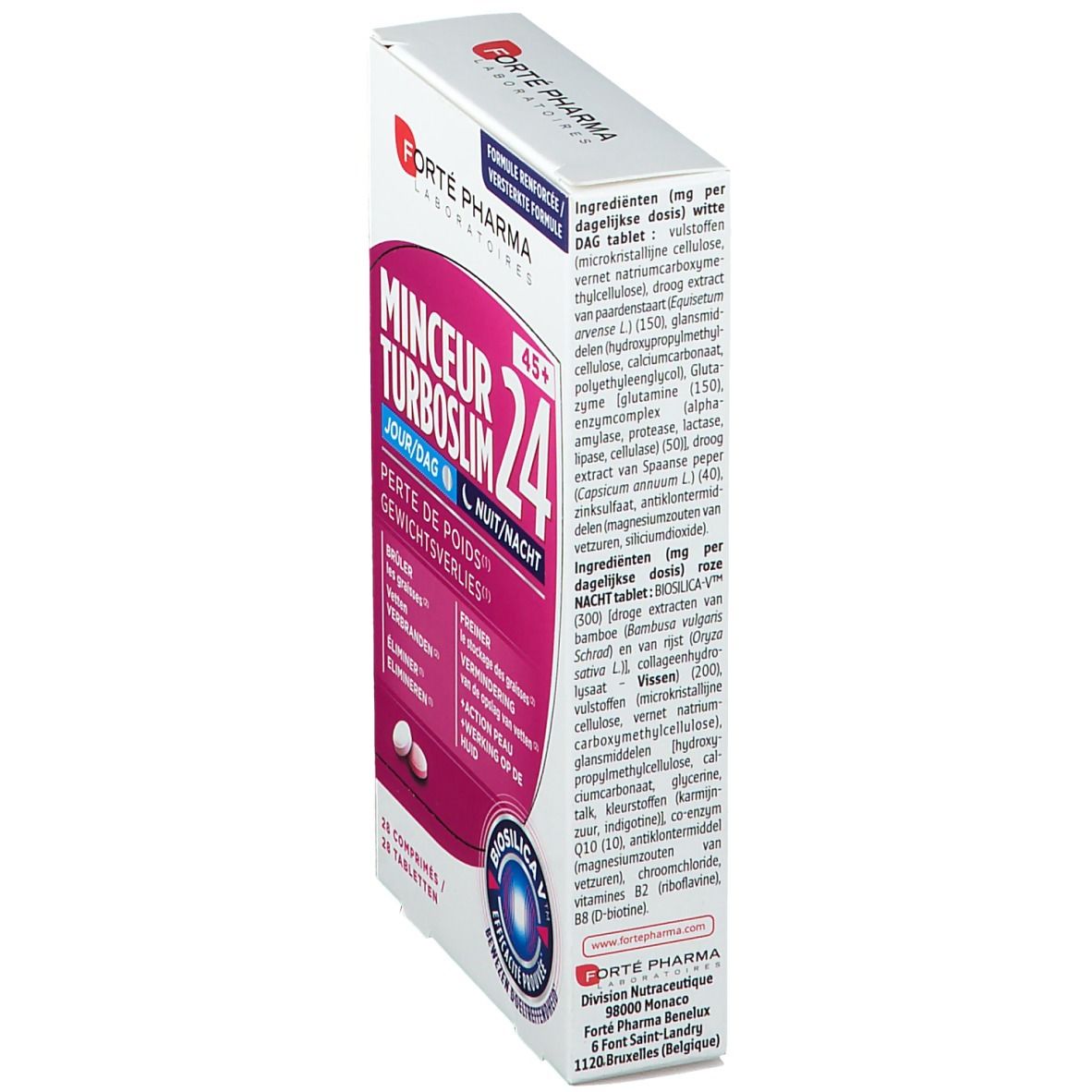 Vue latérale de la boîte Forté Pharma Minceur 24 45+. Texte avec ingrédients et informations. Comprimés roses et blancs visibles.