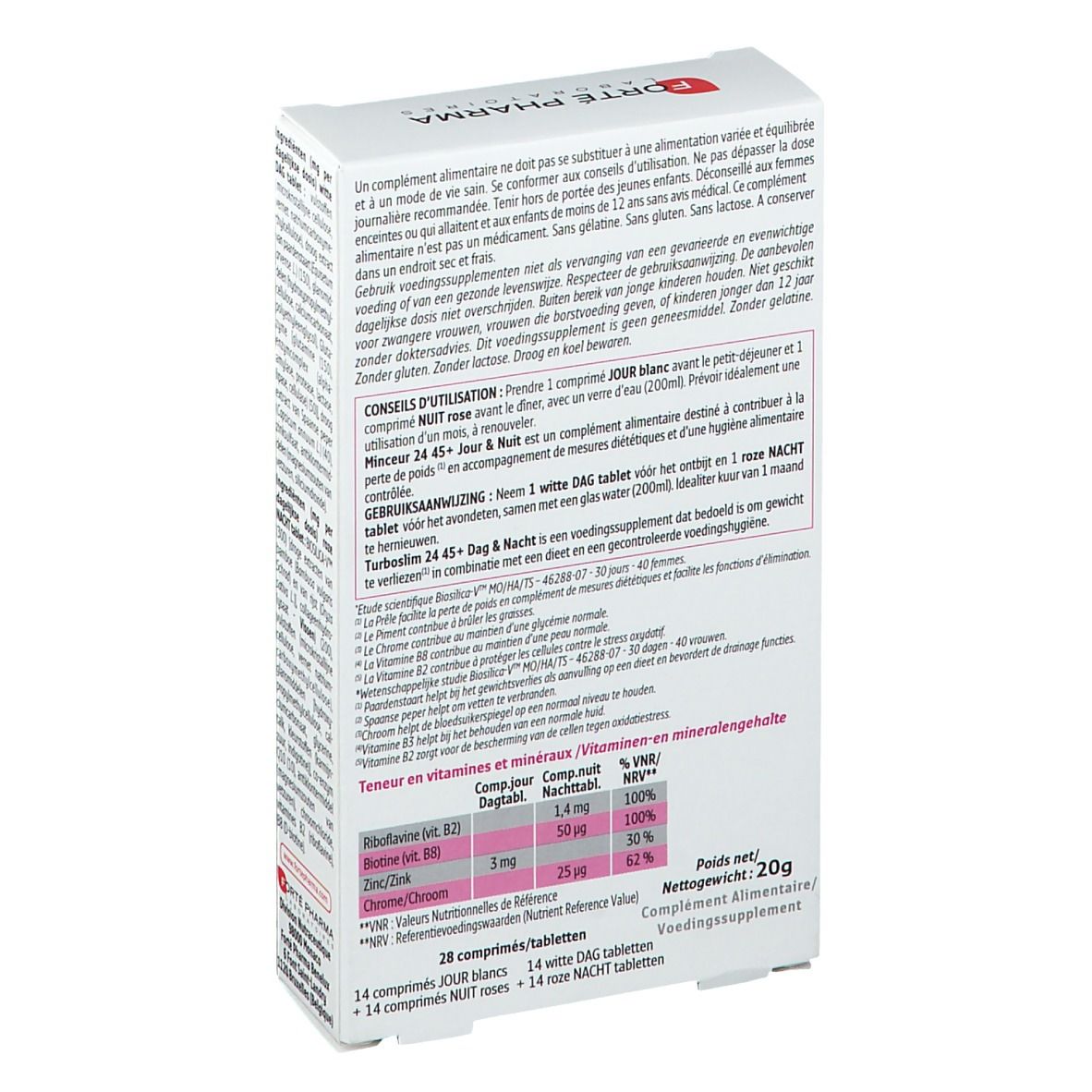 Dos de la boîte Forté Pharma Minceur 24 45+. Texte avec informations et conseils d'utilisation. Contient 28 comprimés.