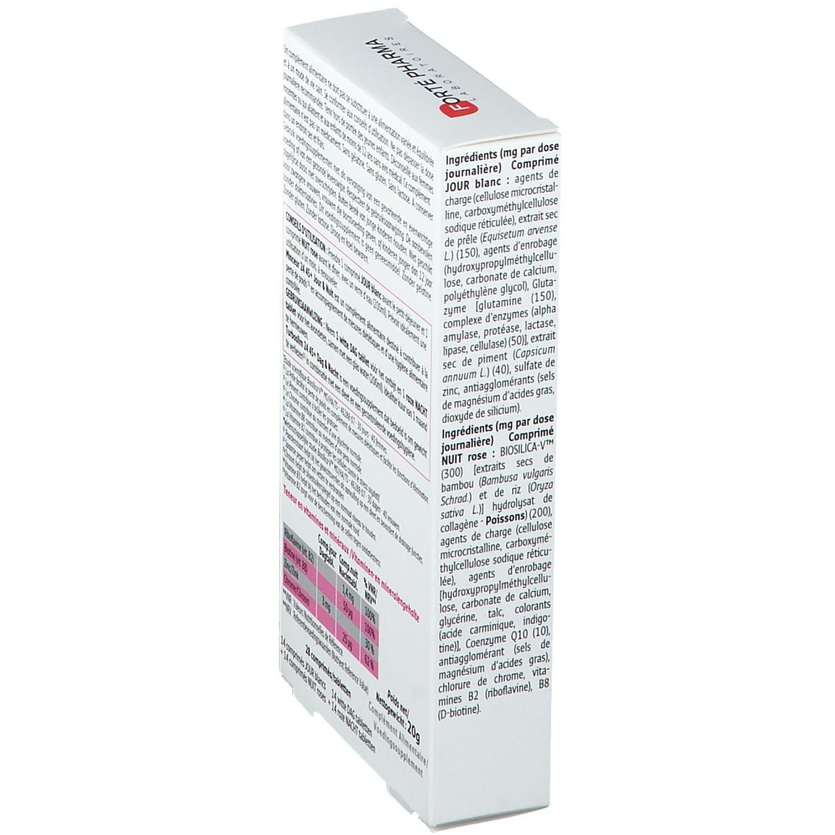 Vue latérale de la boîte Forté Pharma Minceur 24 45+. Texte avec ingrédients et informations. Comprimés roses et blancs visibles.