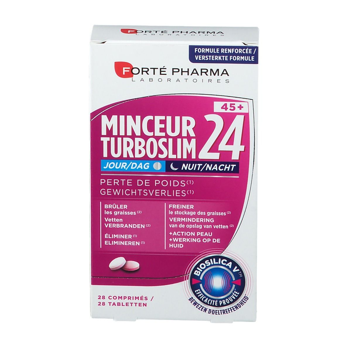 Vue de face de la boîte Forté Pharma Minceur 24 45+. Comprimés visibles. Inscription: Minceur Turboslim 24 Jour/Dag Nuit/Nacht. Comprimés roses et blancs.