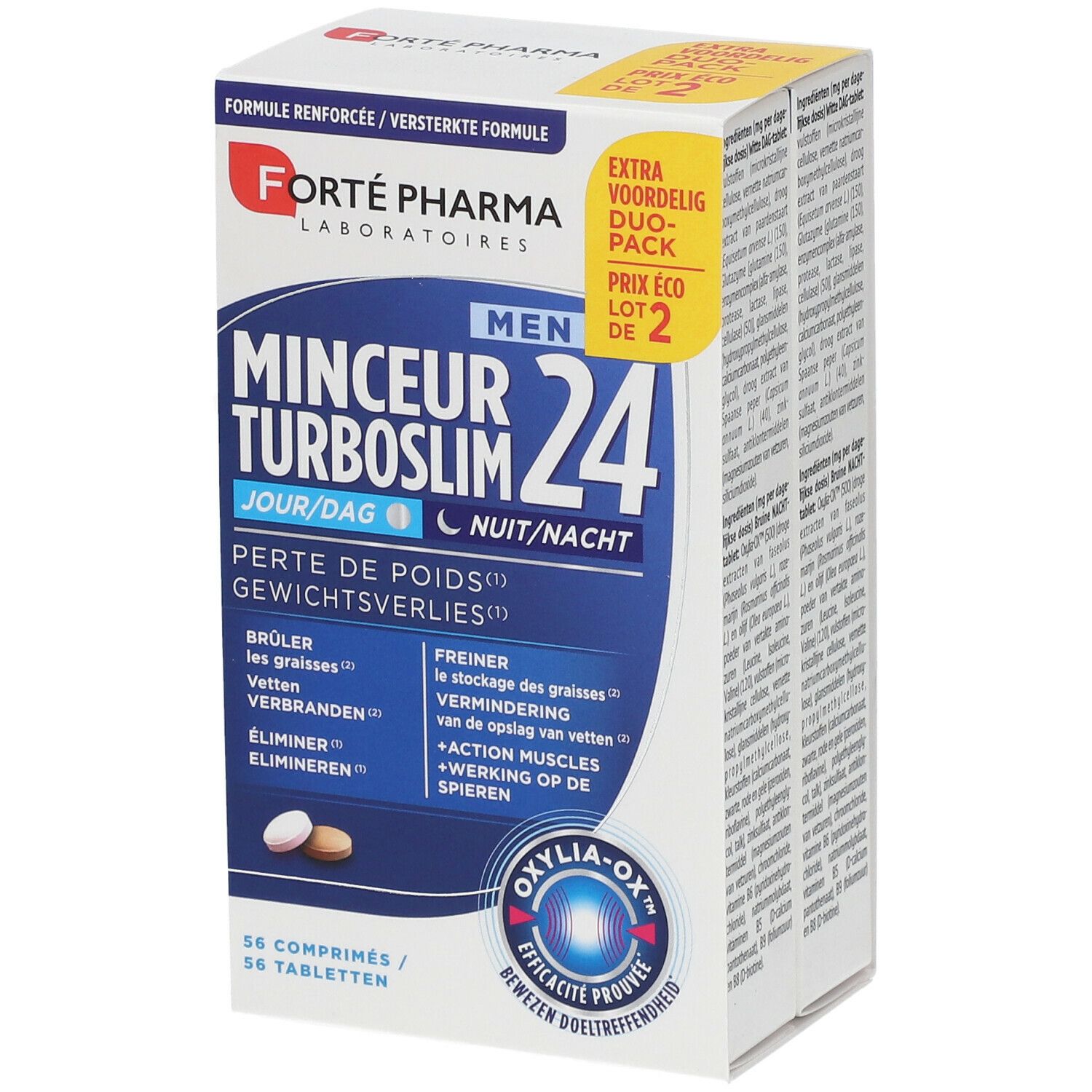 Boîte Forté Pharma TurboSlim 24 Duo-Pack. Comprimés jour et nuit. Visible : logo, nom du produit, texte.