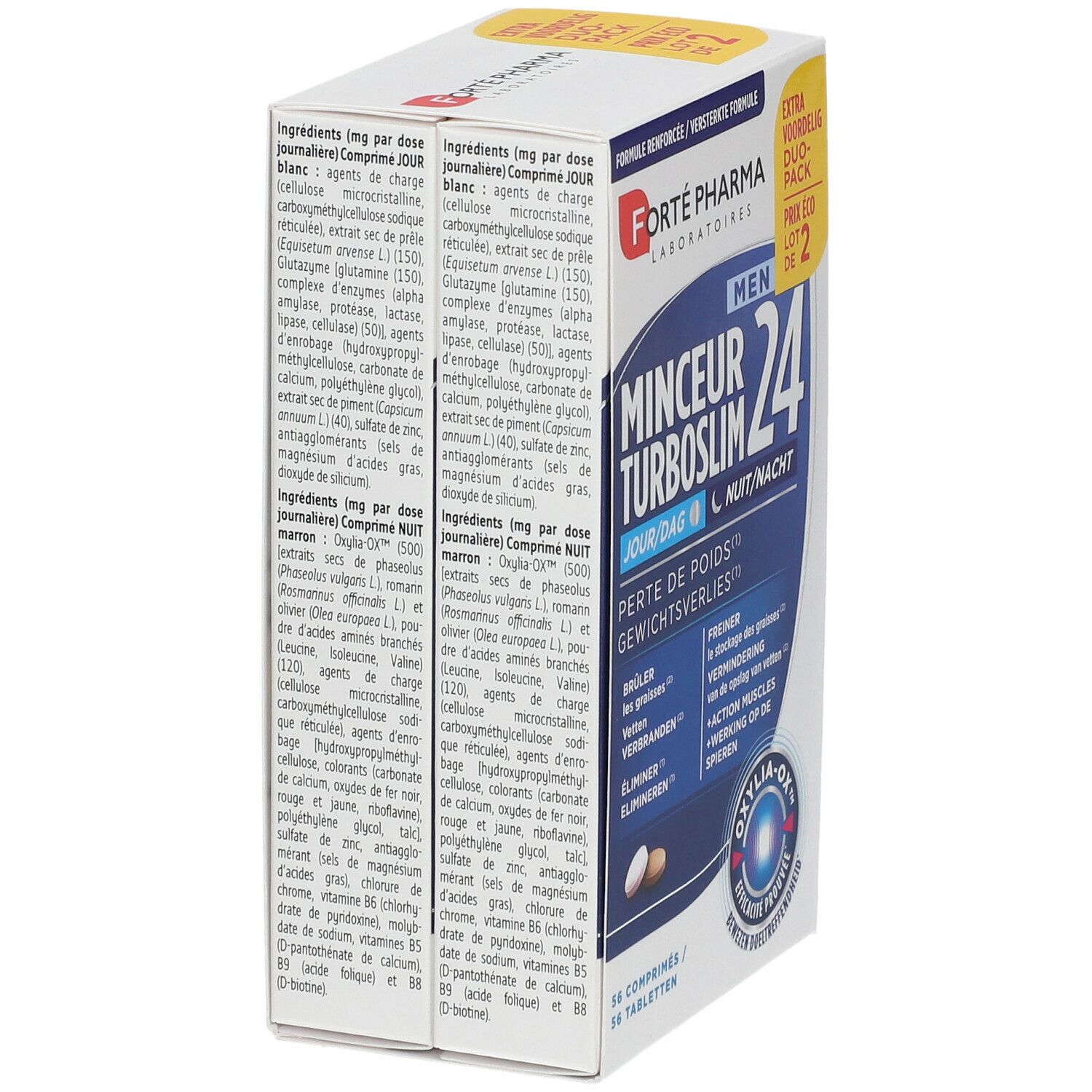 Boîte Forté Pharma TurboSlim 24 Duo-Pack. Comprimés jour et nuit. Liste des ingrédients sur le côté.
