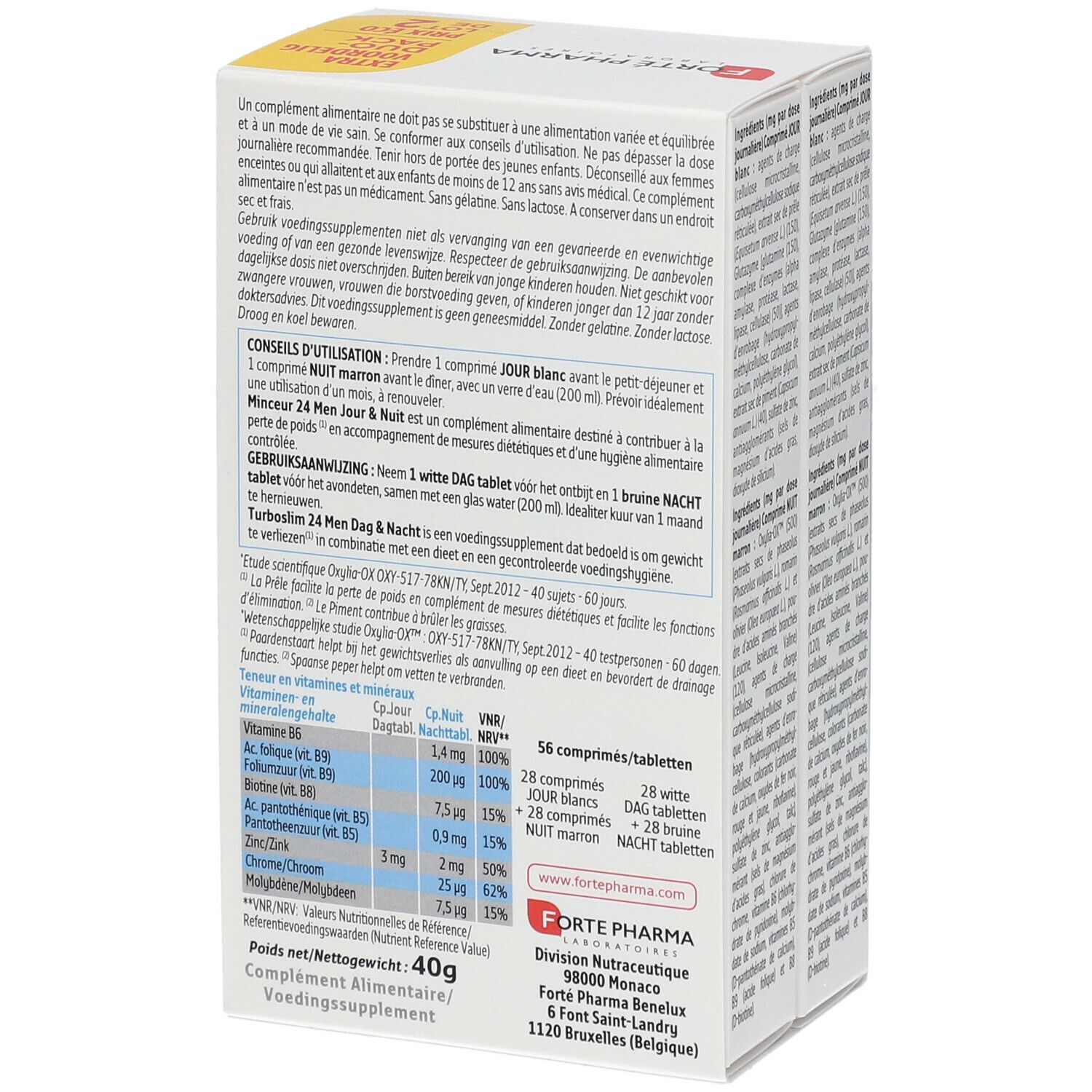 Dos de la boîte Forté Pharma TurboSlim 24 Duo-Pack. Informations sur l'utilisation et les ingrédients.