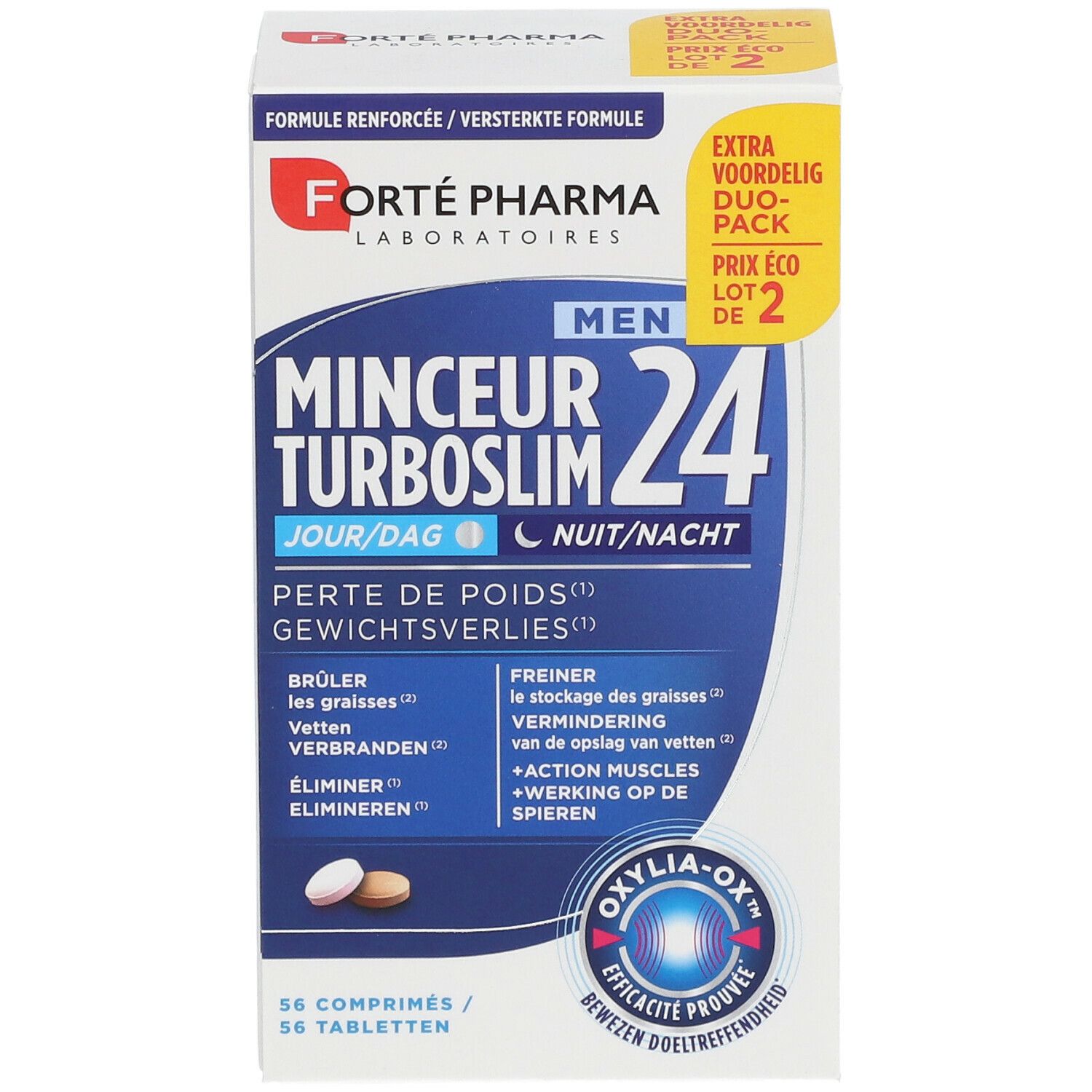 Face avant de la boîte Forté Pharma TurboSlim 24 Duo-Pack. Logo, nom du produit, texte et comprimés.