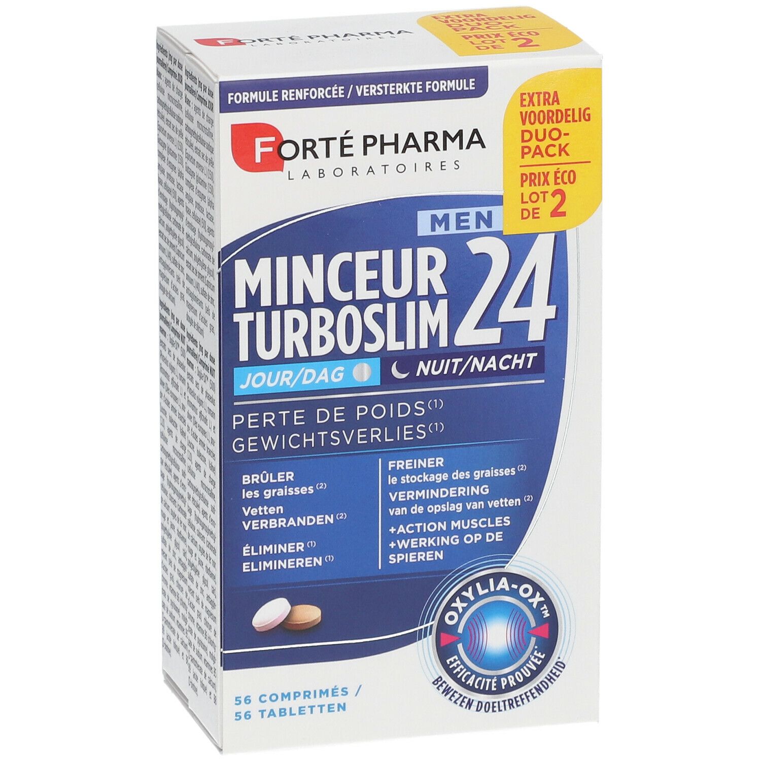 Face avant de la boîte Forté Pharma TurboSlim 24 Duo-Pack. Logo, nom du produit, texte et comprimés.