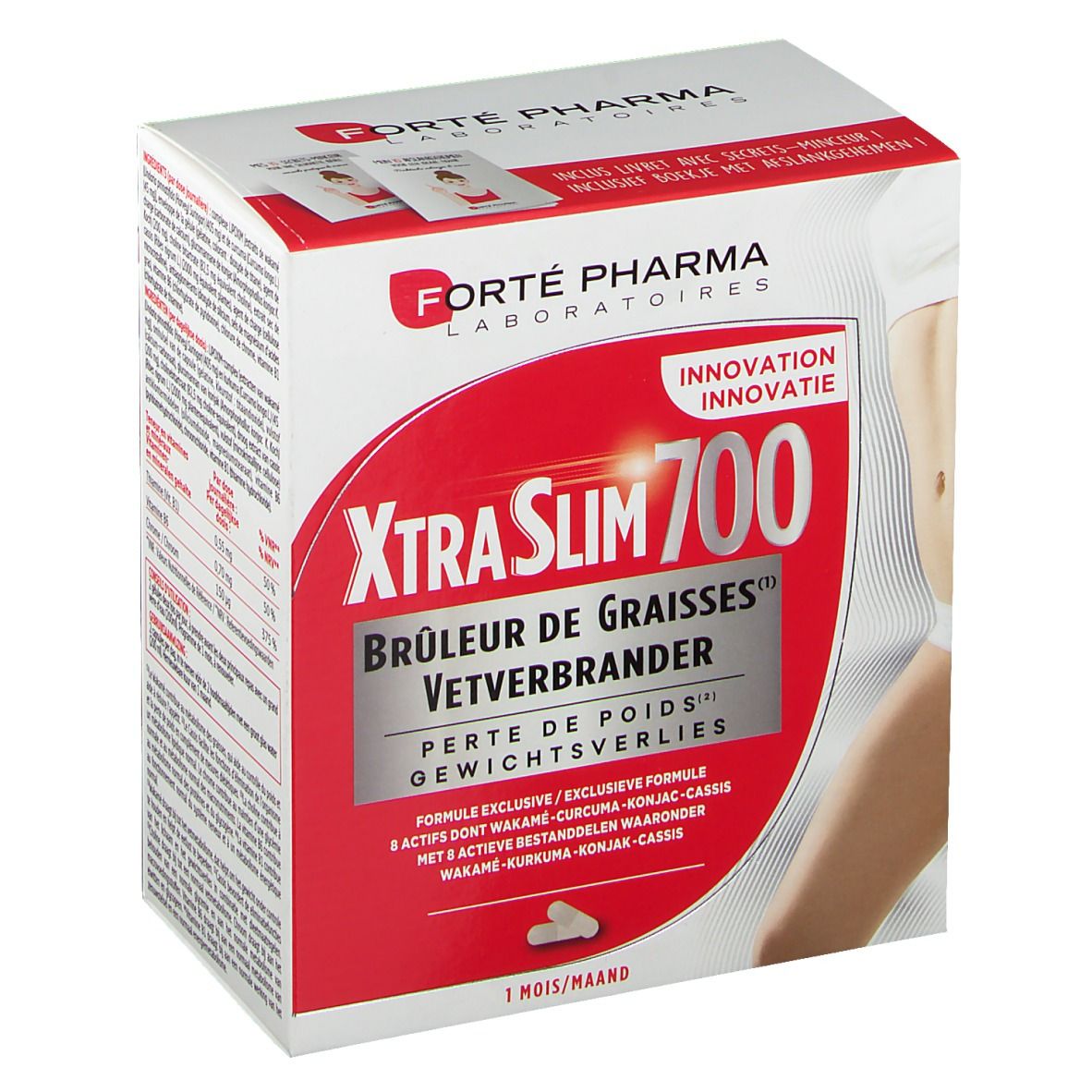 Verpakking van Forté Pharma Xtra Slim 700. Rode en witte doos met productnaam en logo. Bevat tabletten.