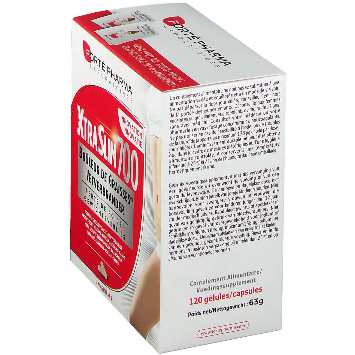 Forté Pharma Xtra Slim 700 verpakking. Achterkant met tekst. Bevat 120 capsules. Gewicht 63g.