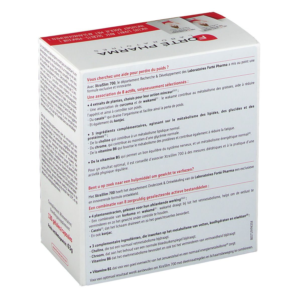 Forté Pharma Xtra Slim 700 verpakking. Achterkant met tekst. Informatie over ingrediënten en gebruik.