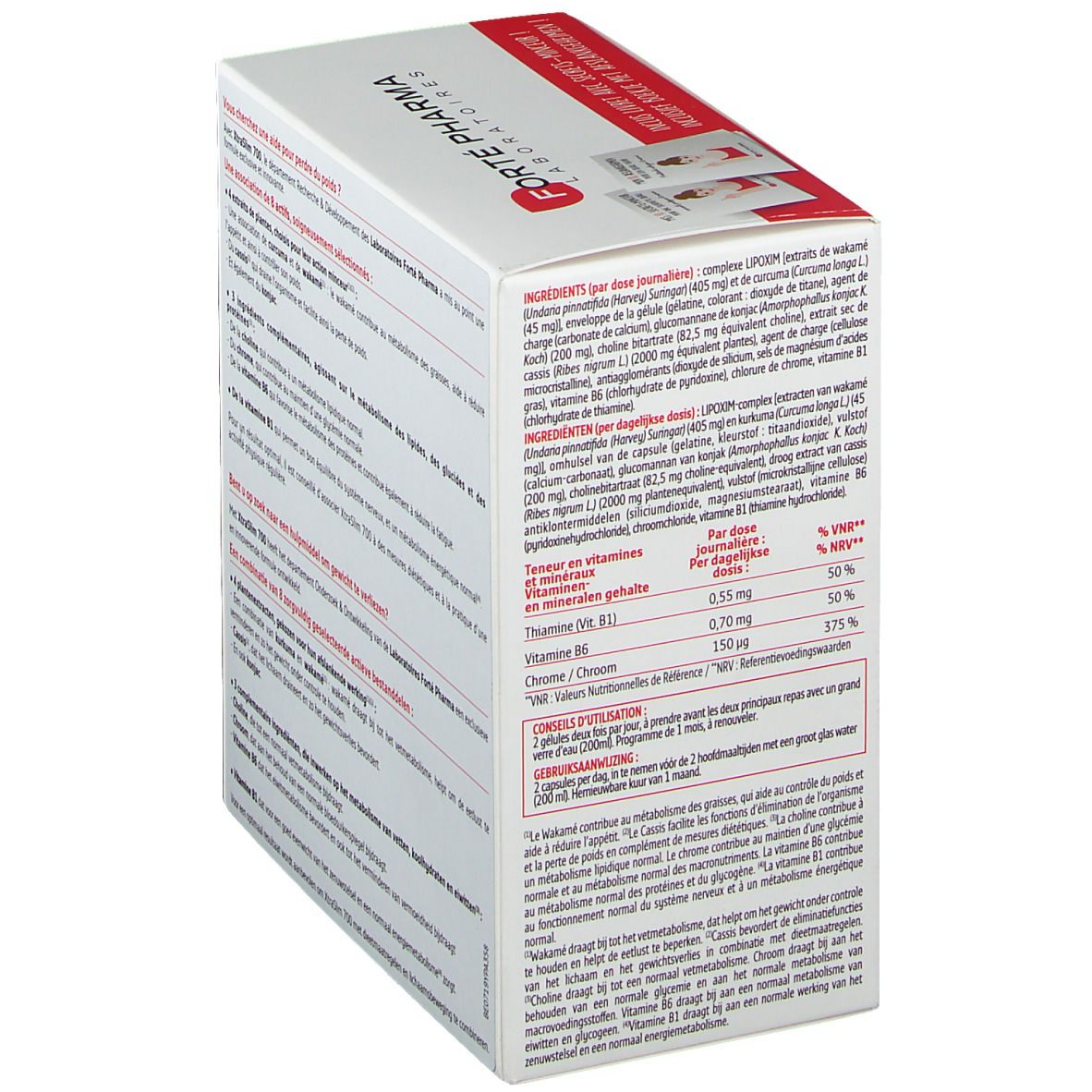 Forté Pharma Xtra Slim 700 verpakking. Achterkant met tekst. Informatie over ingrediënten en gebruik.