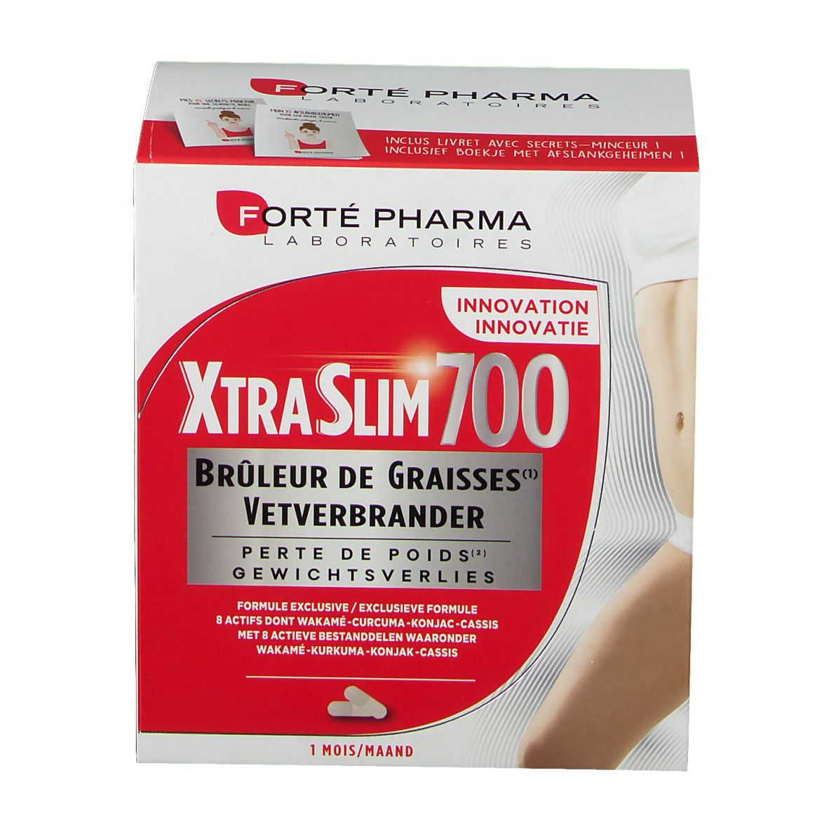 Verpakking van Forté Pharma Xtra Slim 700. Rode en witte doos met productnaam en logo. Bevat tabletten.
