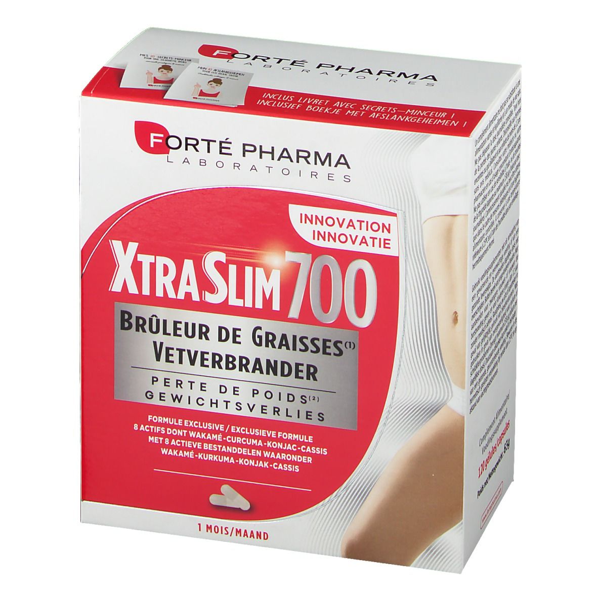 Verpakking van Forté Pharma Xtra Slim 700. Rode en witte doos met productnaam en logo. Bevat tabletten.