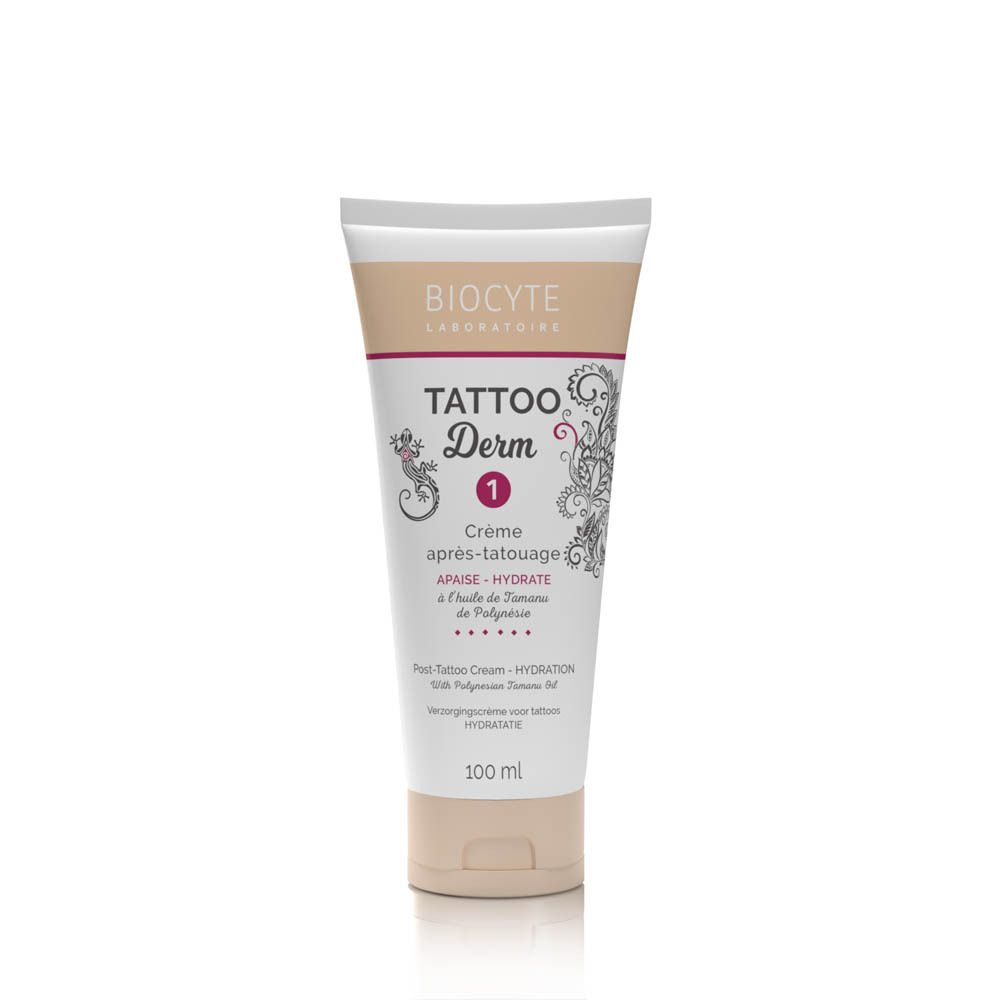 Tube "Tattoo Derm 1" sur fond blanc. Nom du produit, marque et informations visibles.