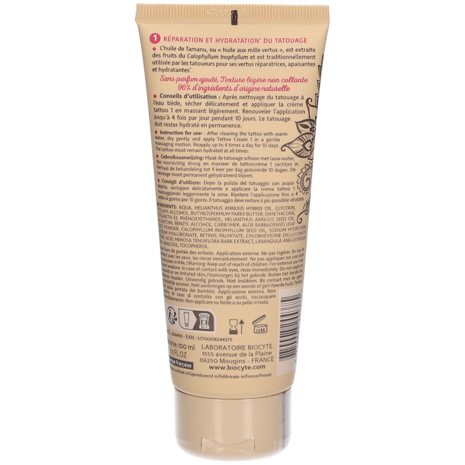 Dos du tube "Tattoo Derm 1". Texte avec ingrédients et instructions d'utilisation.