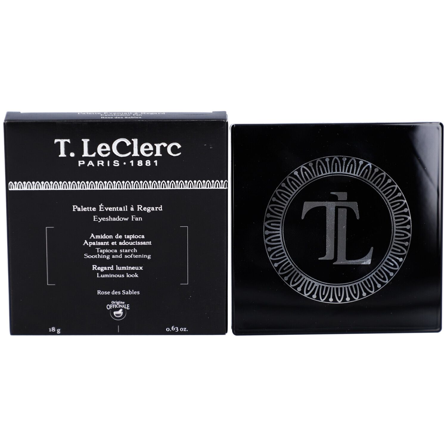 T.LeClerc Eyeshadow Palette und Verpackung. Schwarze Schachtel mit Produktinformationen und Palette.