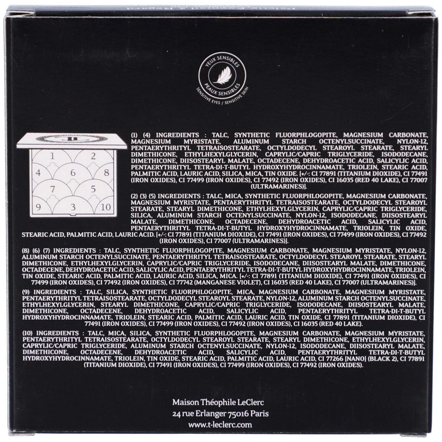 Rückseite der T.LeClerc Eyeshadow Palette Verpackung. Inhaltsstoffe und Herstelleradresse sind sichtbar.