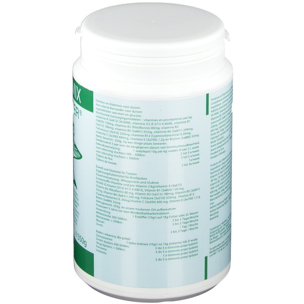 Rückseite der weißen Dose. Grünes Etikett mit Text. Enthält Informationen über Vitamine und Proteine.