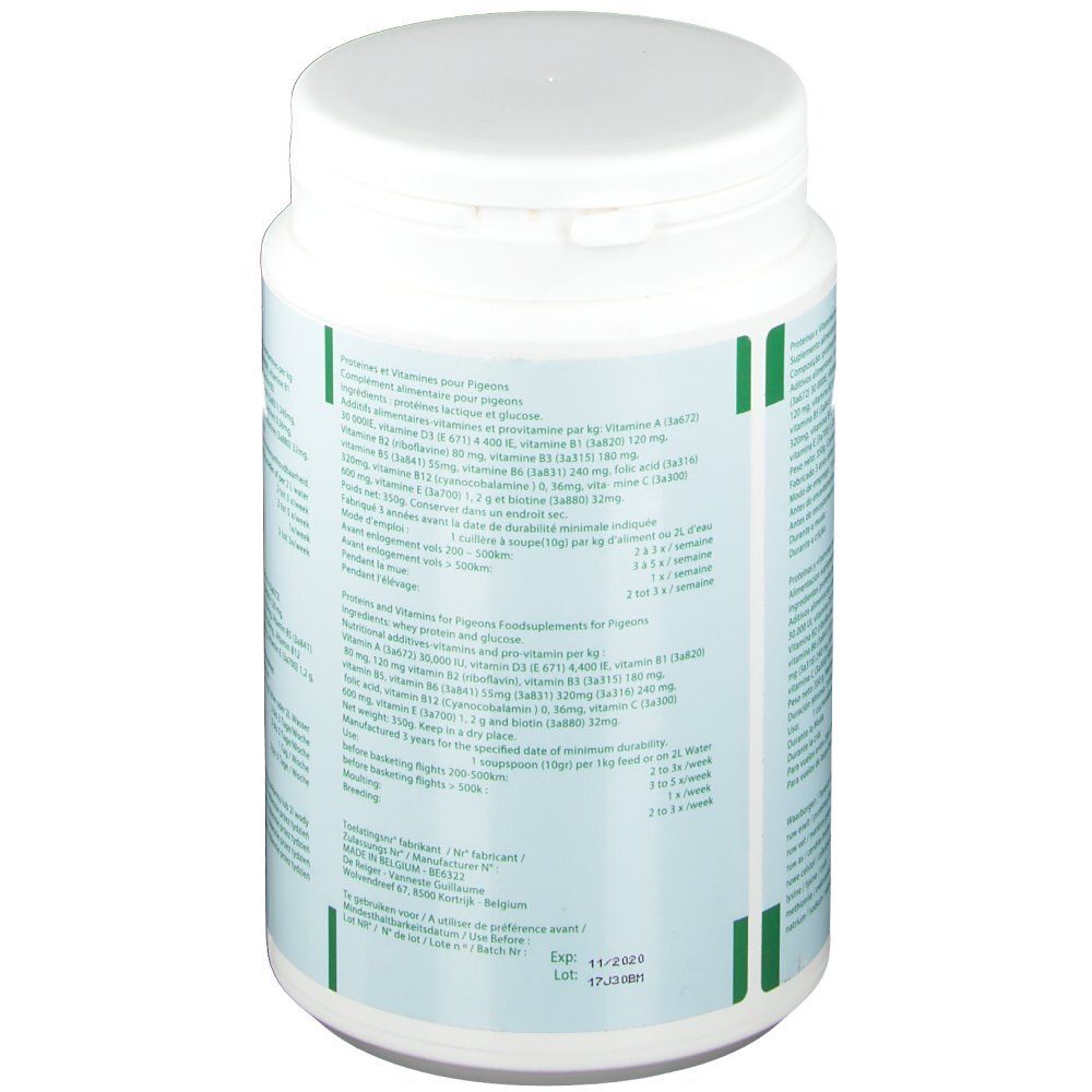 Rückseite der weißen Dose. Grünes Etikett mit Text. Enthält Informationen über Vitamine und Proteine.