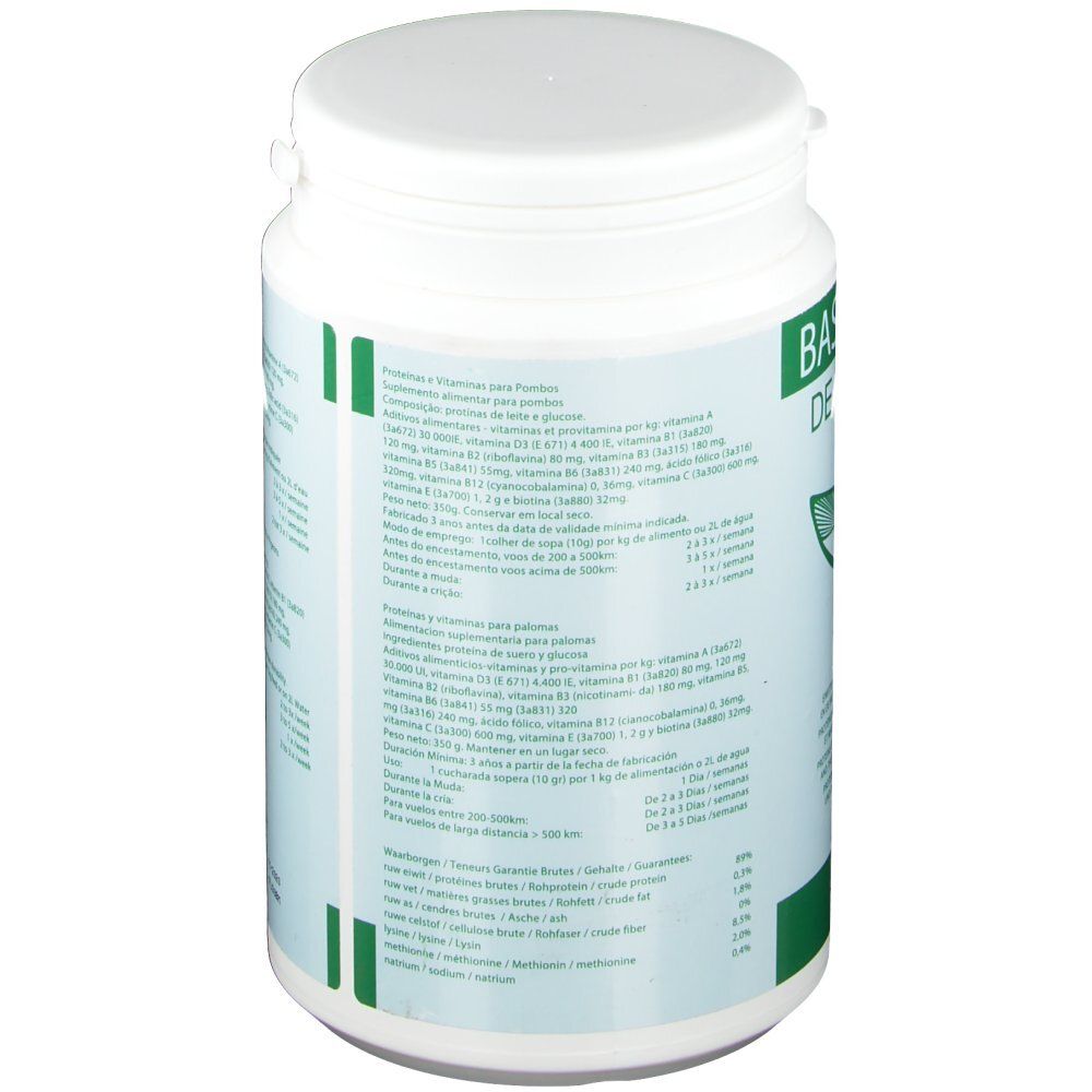 Rückseite der weißen Dose. Grünes Etikett mit Text. Enthält Informationen über Vitamine und Proteine.