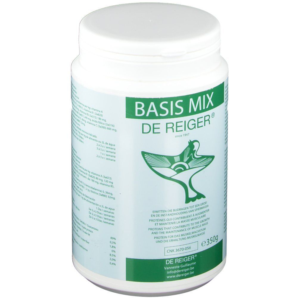 Weißes Produkt in Dose mit grünem Etikett. Aufschrift: BASIS MIX DE REIGER®. Logo: stilisierter Vogel. Gewicht: 350g.