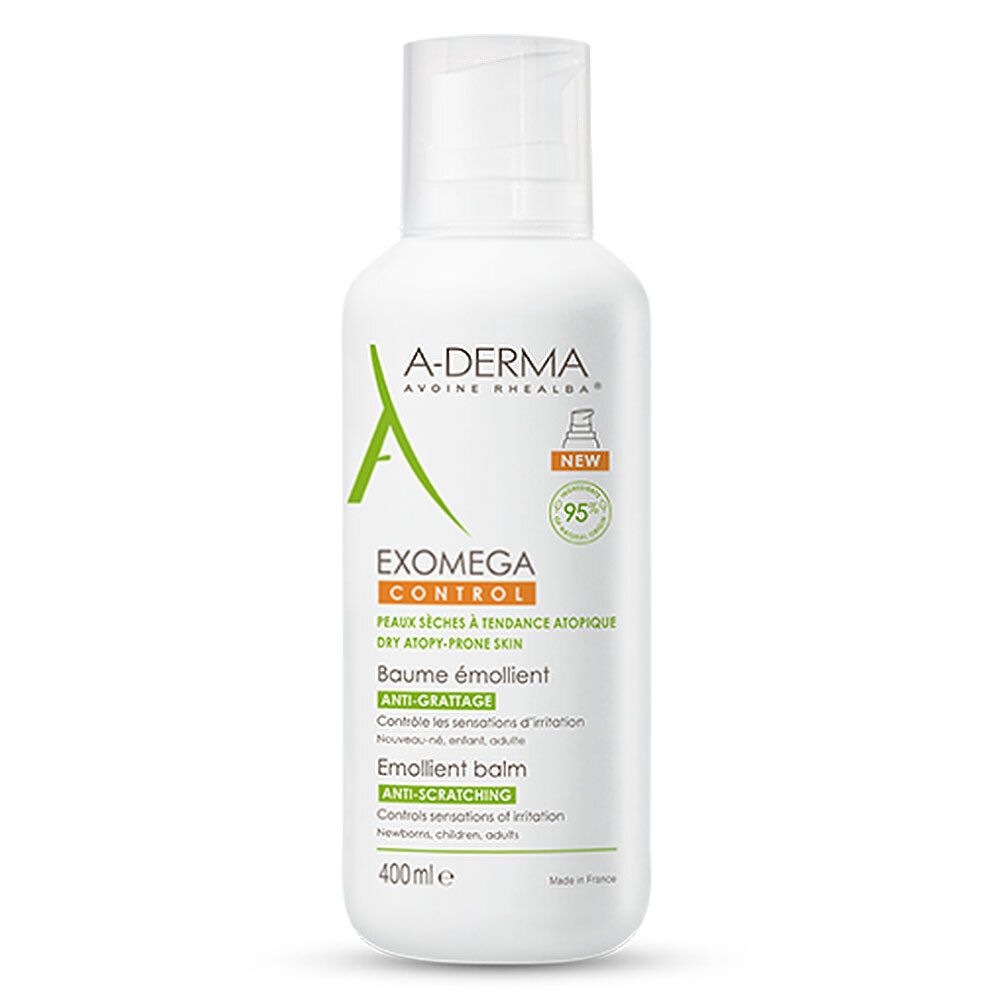 Flacon blanc A-DERMA EXOMEGA CONTROL. Texte: Baume émollient, Emollient balm. Contenance 400 ml.