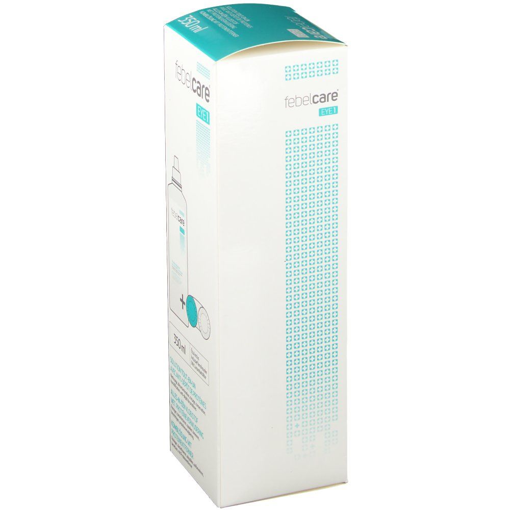Seitenansicht der Verpackung von febelcare® EYE 1. Weiße Schachtel mit türkisfarbenen Akzenten. Produktname und Logo sichtbar.